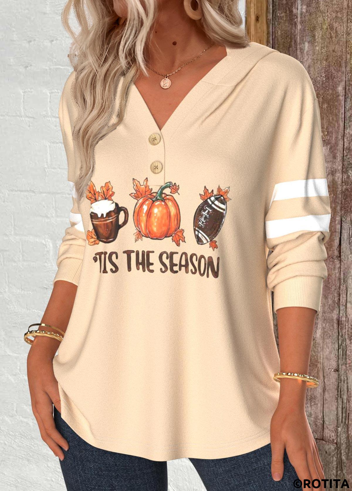 Light Camel tops,Halloween tops,Striped tops,Letter tops,ROTITA Button Pumpkin Print Light Camel Long Sleeve Hoodie