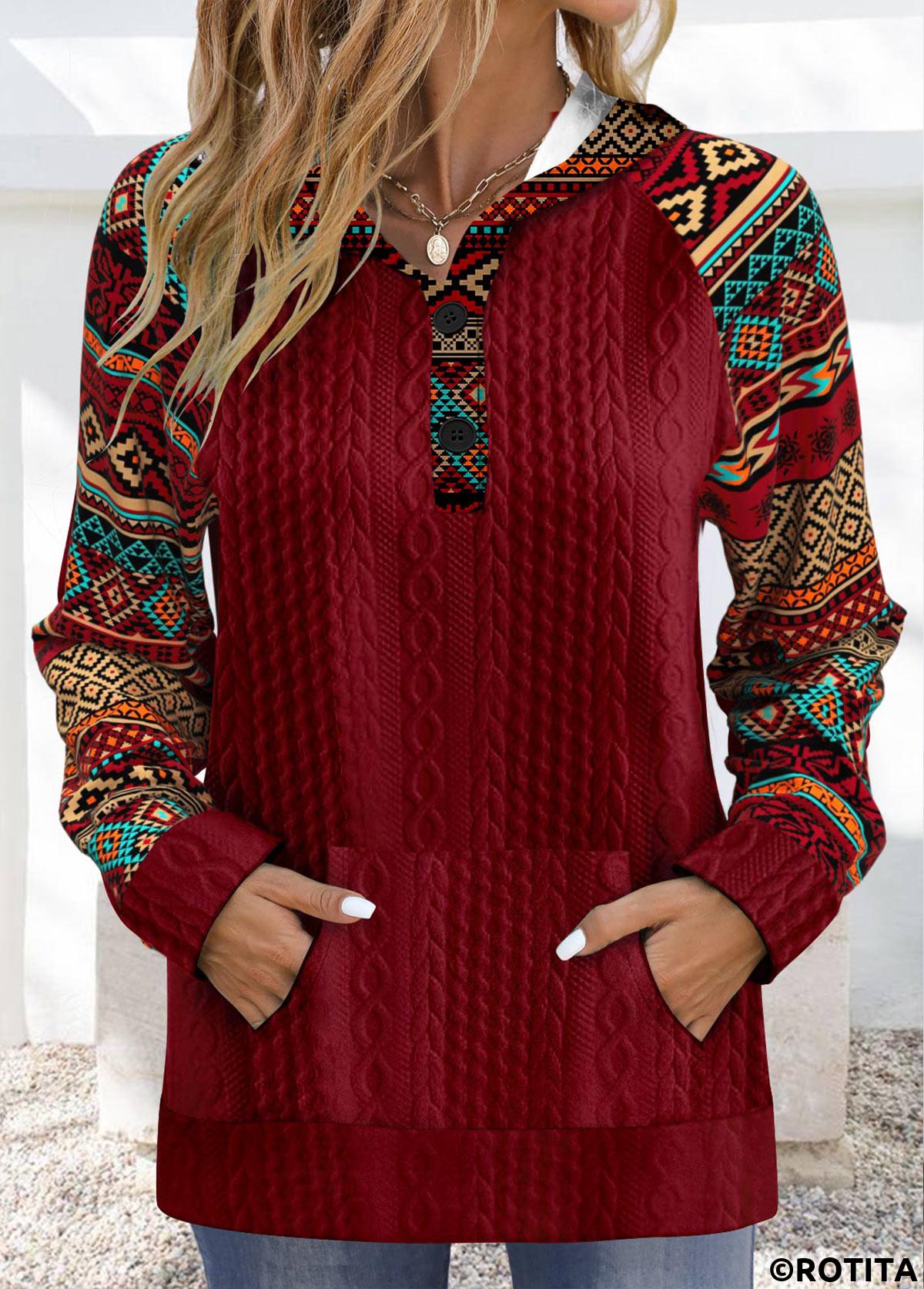 Wine Red tops,Tribal tops,ROTITA Patchwork Tribal Print Wine Red Long Sleeve Hoodie