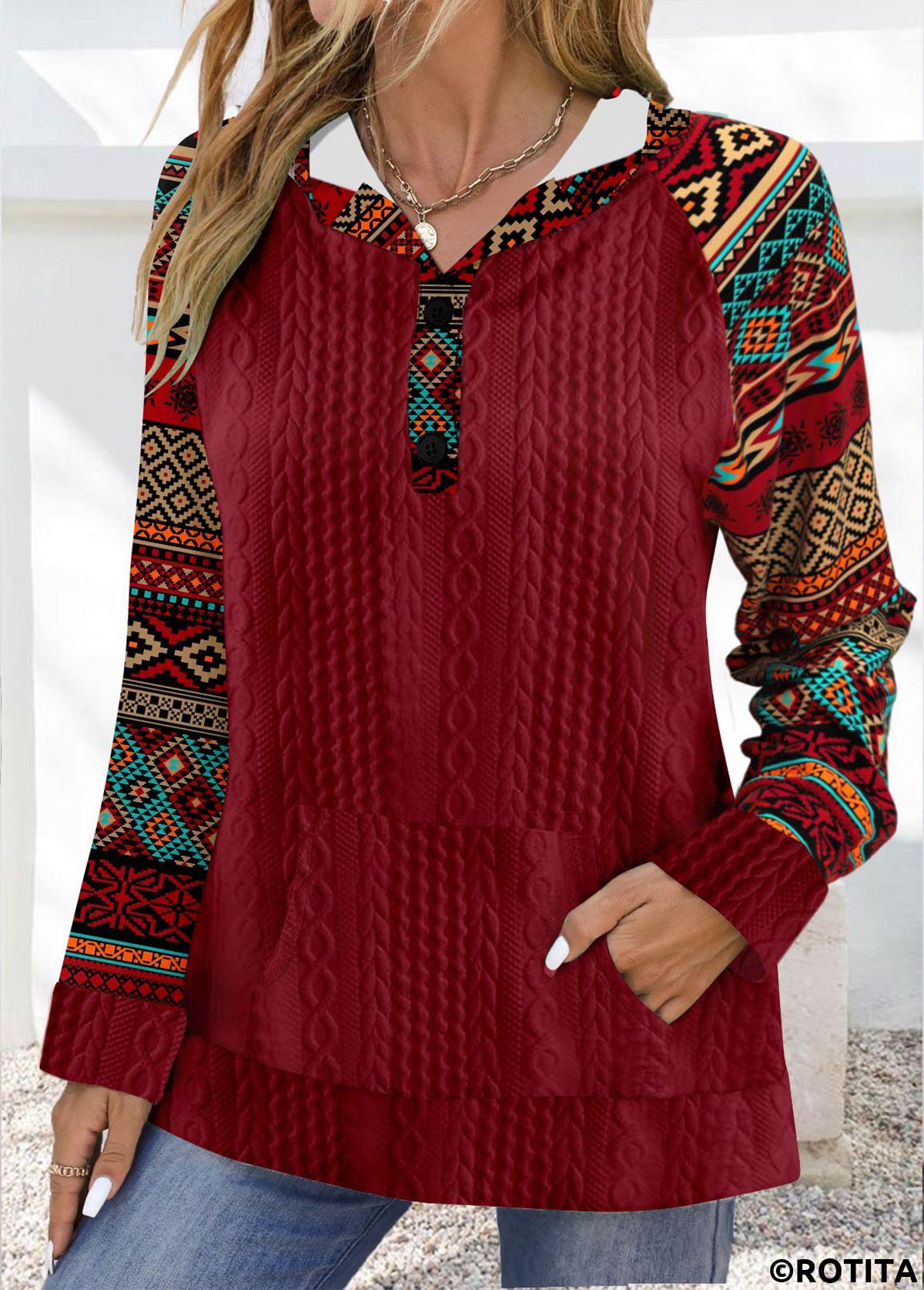 Wine Red tops,Tribal tops,ROTITA Patchwork Tribal Print Wine Red Long Sleeve Hoodie