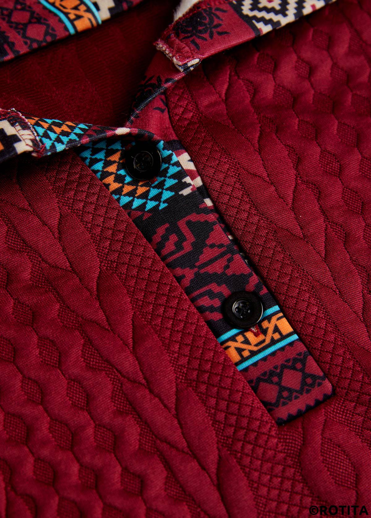 Wine Red tops,Tribal tops,ROTITA Patchwork Tribal Print Wine Red Long Sleeve Hoodie