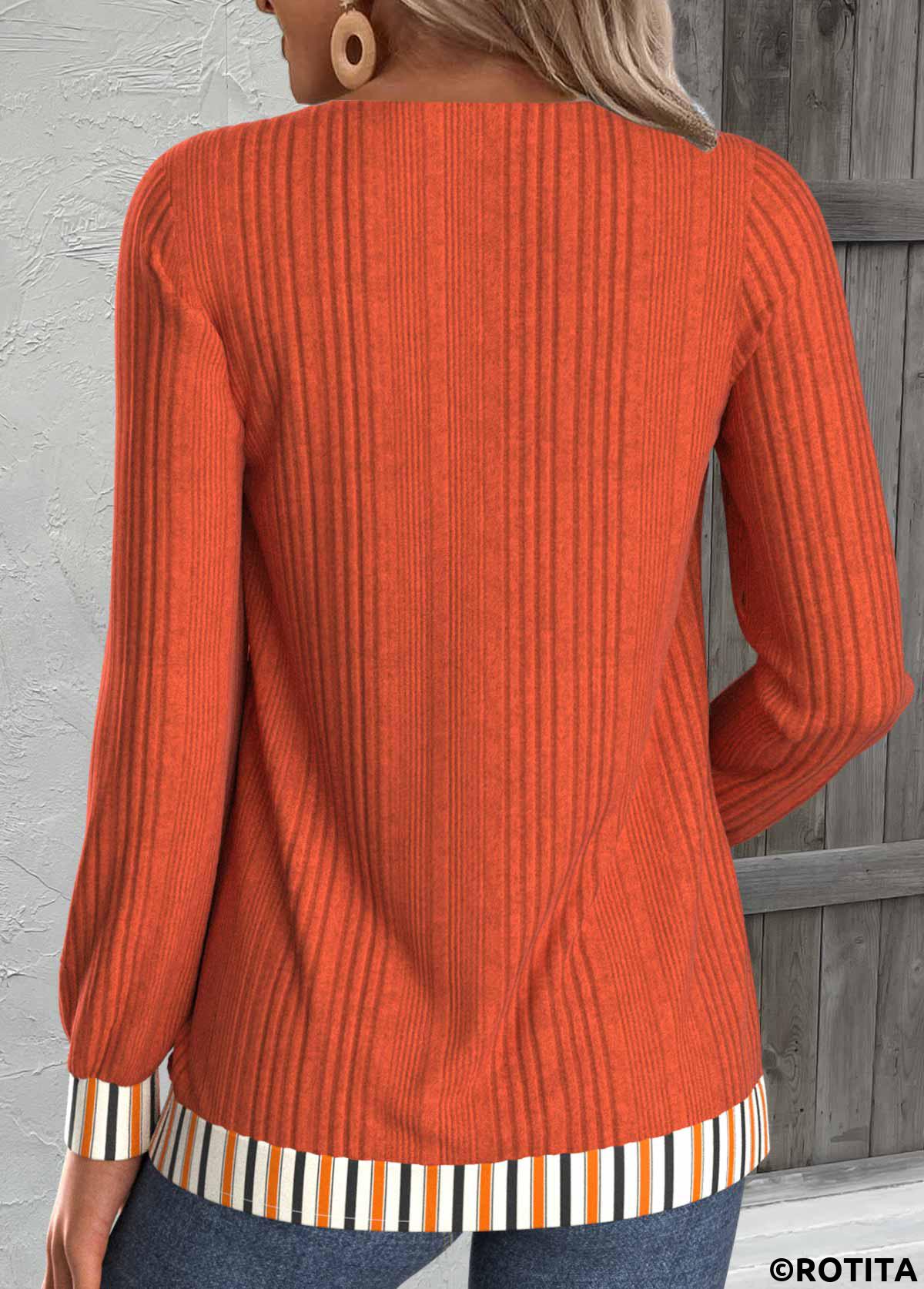 sweat-shirt à manches longues et col en V à rayures orange à boutons Rotita