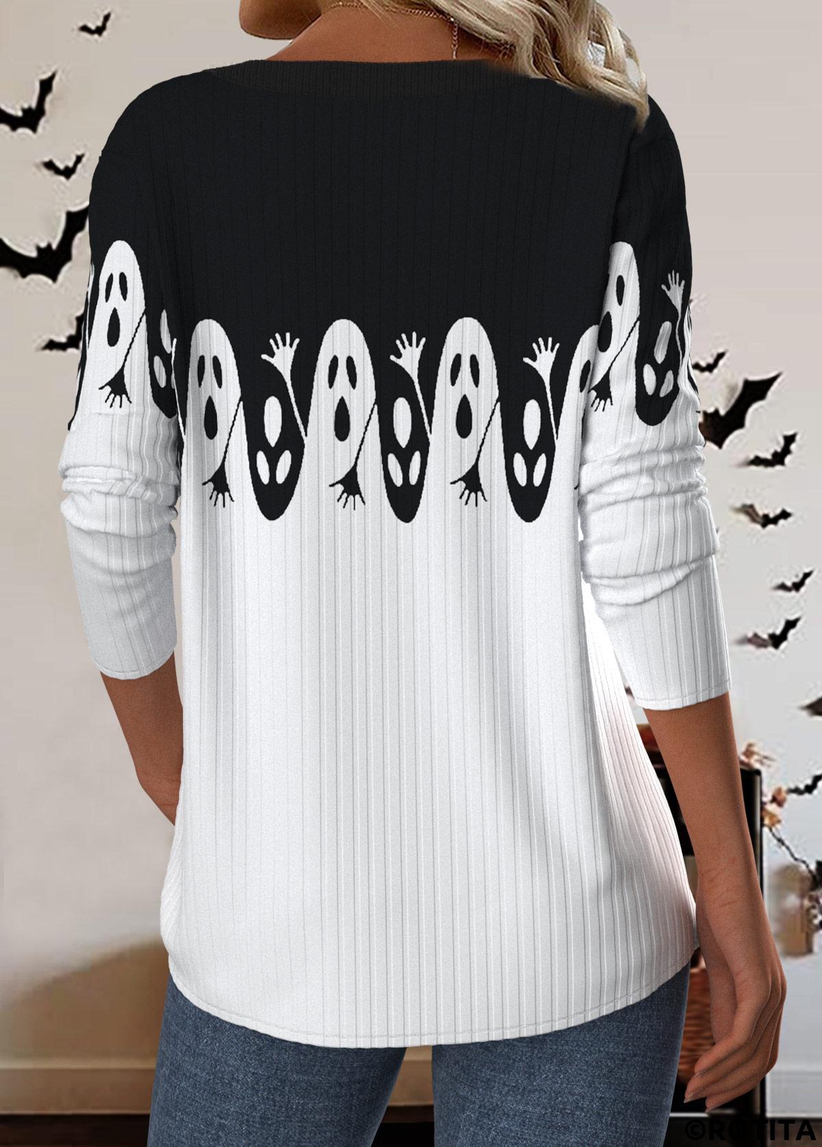 White plus size,Halloween plus size,ROTITA Halloween Plus Size Button White Round Neck T Shirt