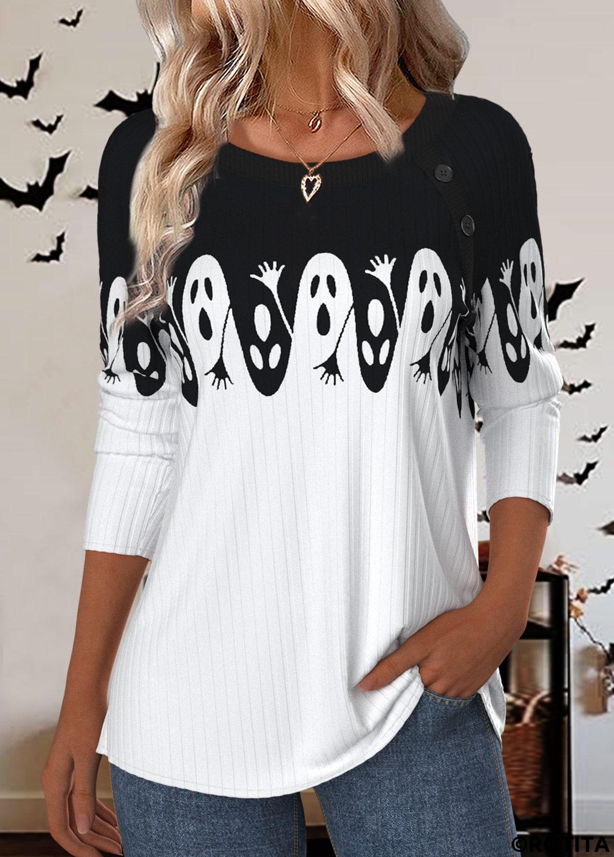White plus size,Halloween plus size,ROTITA Halloween Plus Size Button White Round Neck T Shirt