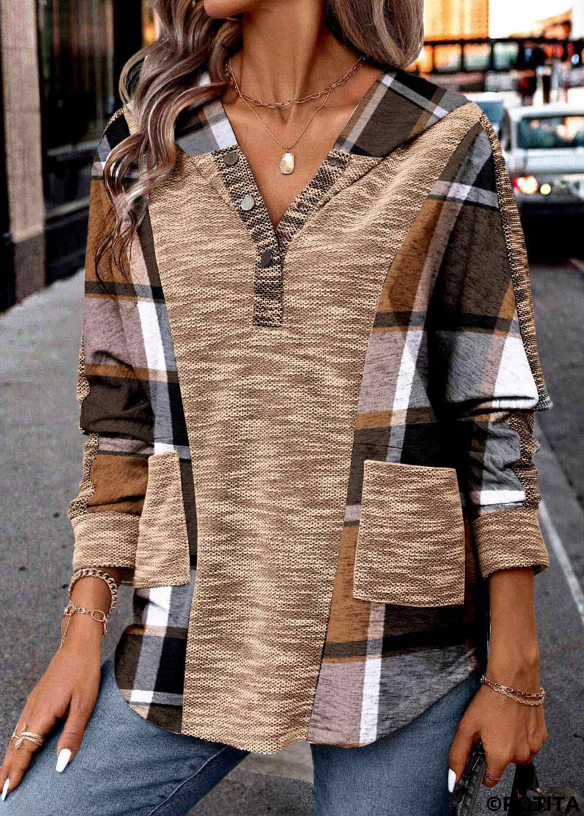 Dark Coffee tops,Plaid tops,ROTITA Patchwork Plaid Dark Coffee Long Sleeve Hoodie