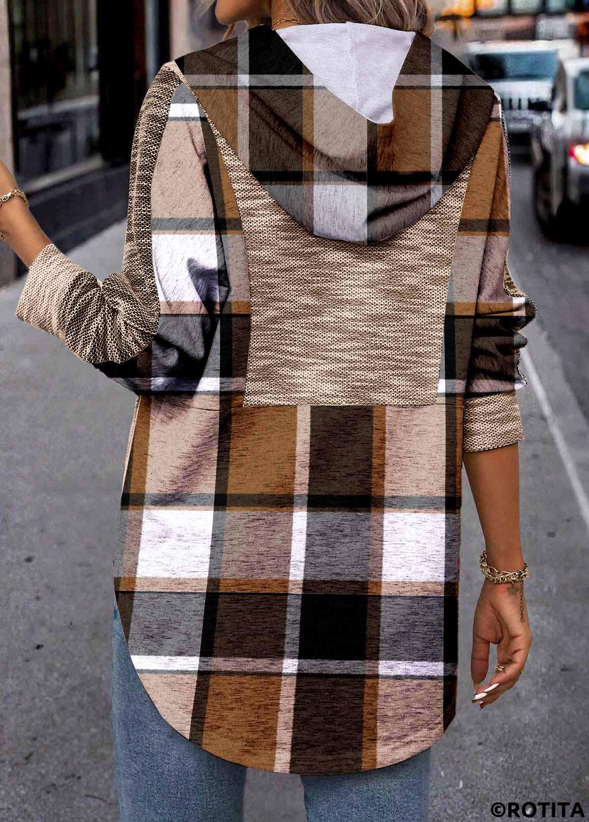 Dark Coffee tops,Plaid tops,ROTITA Patchwork Plaid Dark Coffee Long Sleeve Hoodie
