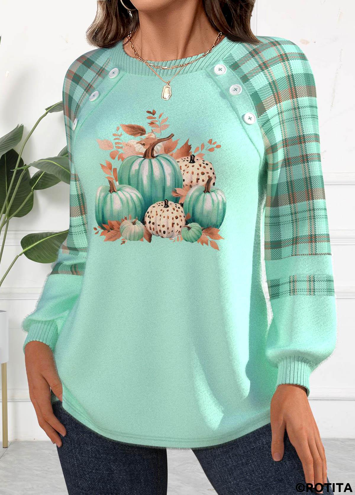 Mint Green plus size,Halloween plus size,Plaid plus size,Striped plus size,Plants plus size,ROTITA Plus Size Patchwork Mint Green Round Neck Sweatshirt