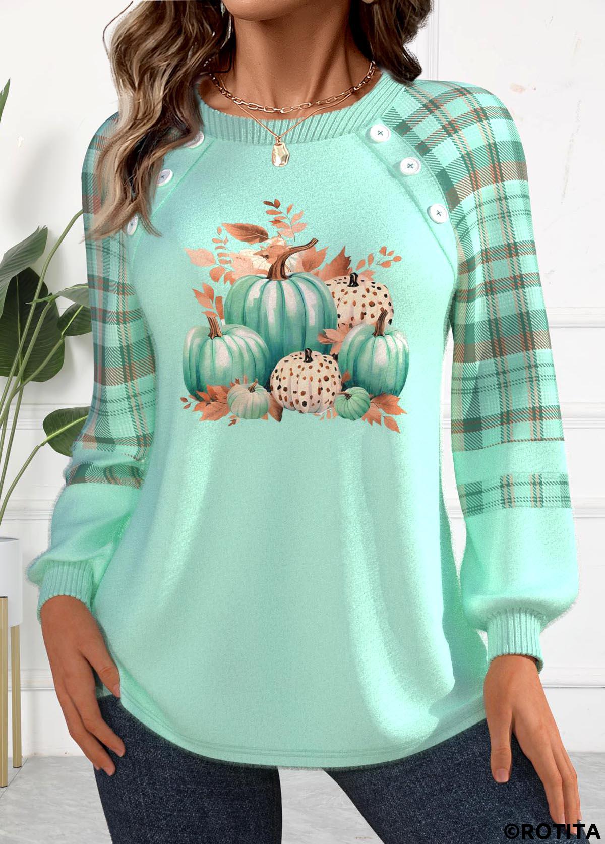 Mint Green plus size,Halloween plus size,Plaid plus size,Striped plus size,Plants plus size,ROTITA Plus Size Patchwork Mint Green Round Neck Sweatshirt