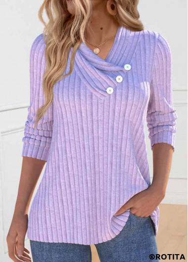 ROTITA Button Light Purple V Neck Long Sleeve Sweatshirt Rotita USD 29.98