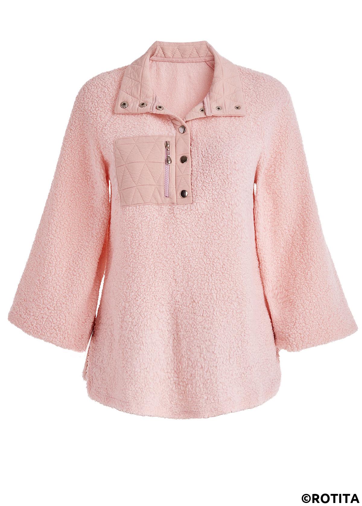 Sweat-shirt à manches longues et col rabattu en jacquard rose clair Rotita
