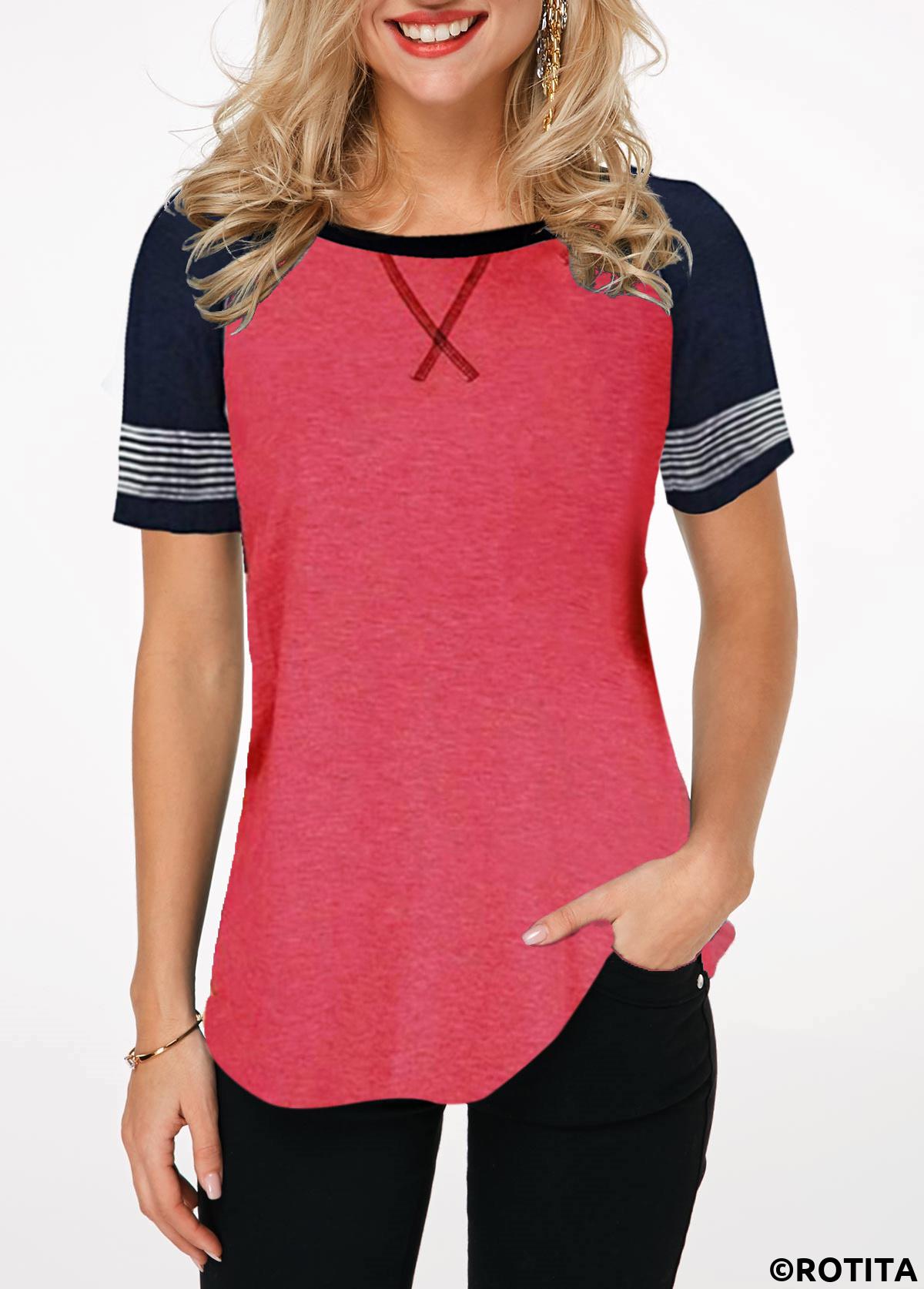 Red tops,Contrast Color tops,ROTITA Round Neck Contrast Short Sleeve T Shirt