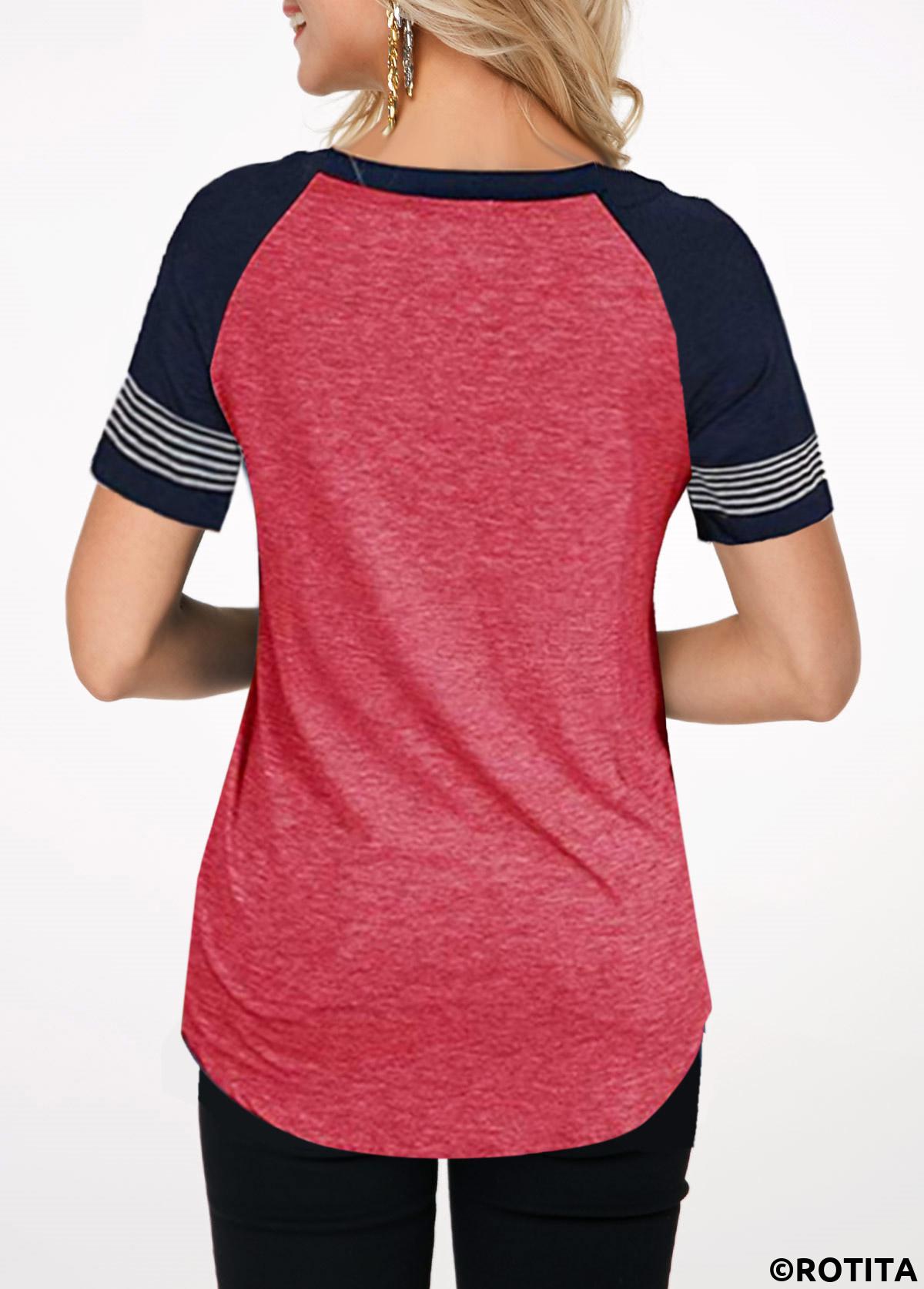 Red tops,Contrast Color tops,ROTITA Round Neck Contrast Short Sleeve T Shirt