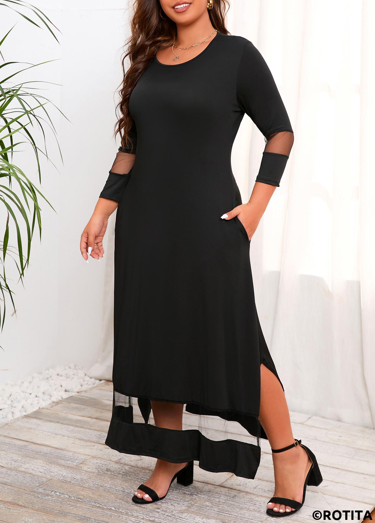 Black plus size,Plain Color plus size,ROTITA Plus Size Pocket Black Round Neck Maxi Dress