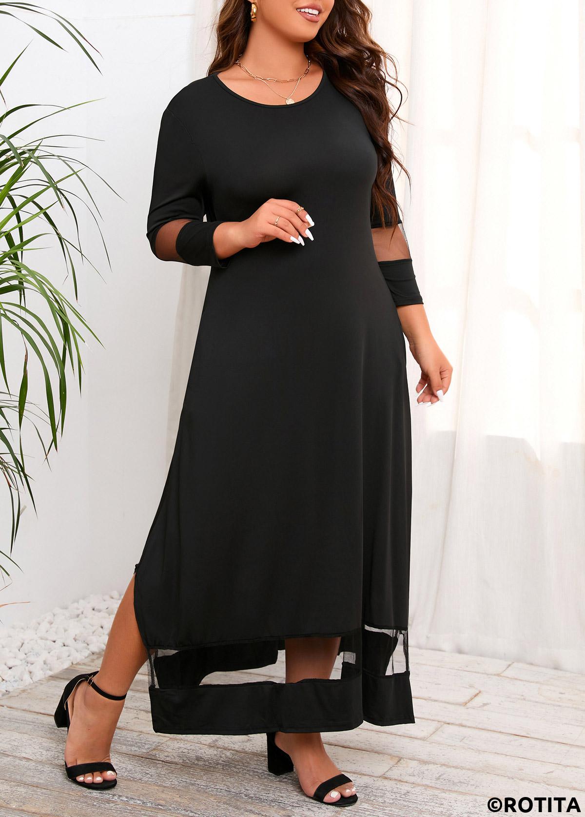 Black plus size,Plain Color plus size,ROTITA Plus Size Pocket Black Round Neck Maxi Dress