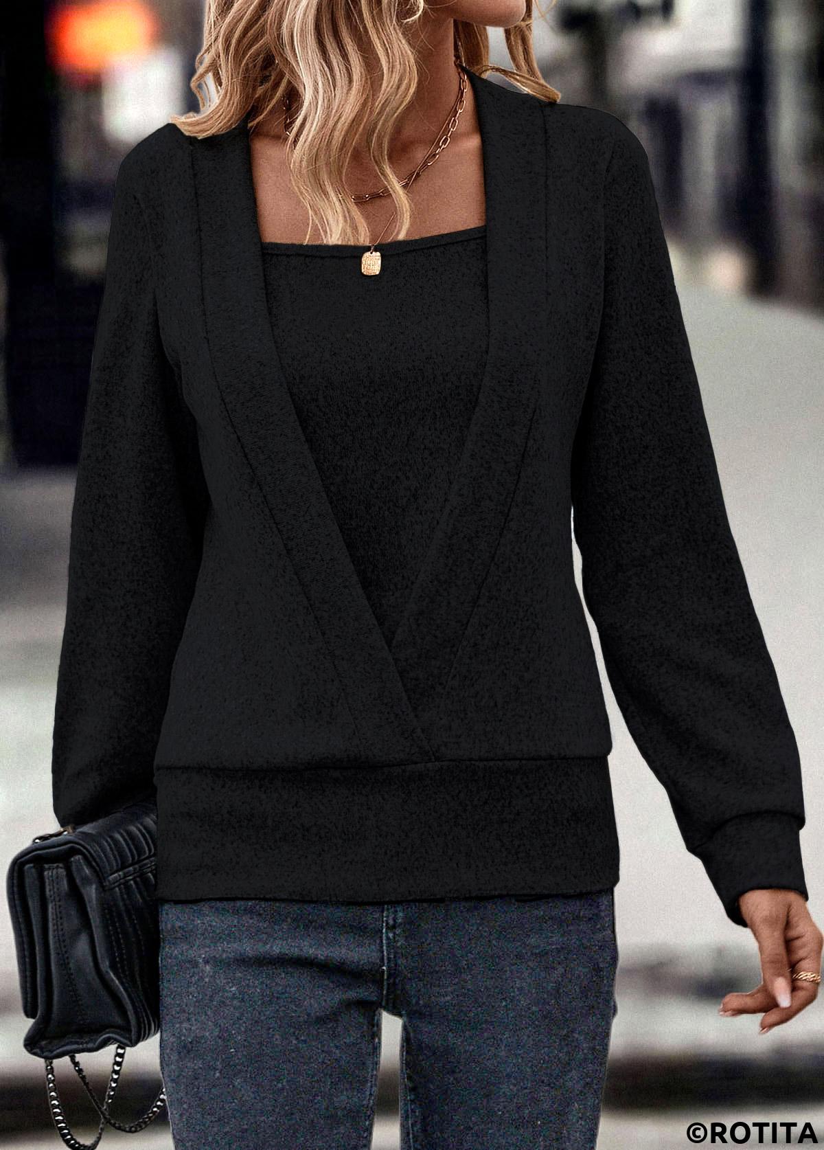 Black tops,Plain Color tops,ROTITA Fake 2in1 Black Square Neck Long Sleeve Sweatshirt