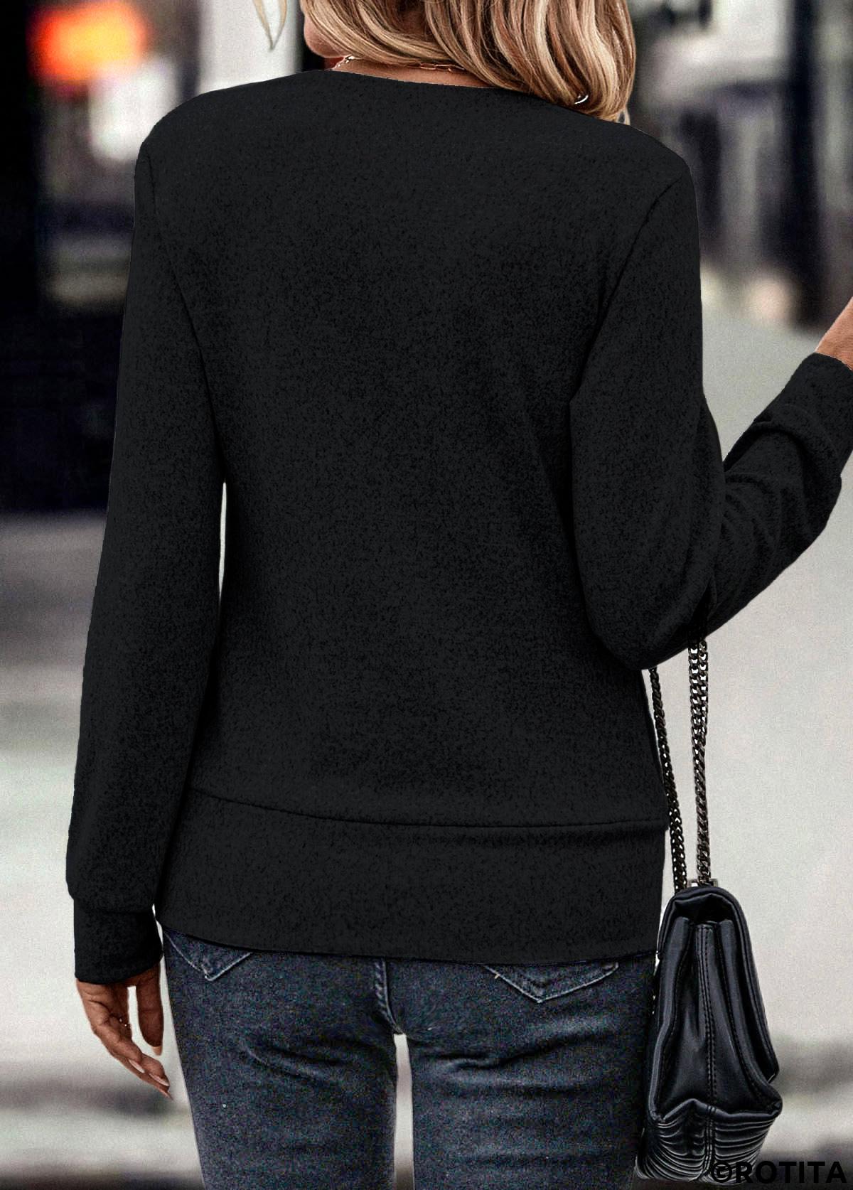 Black tops,Plain Color tops,ROTITA Fake 2in1 Black Square Neck Long Sleeve Sweatshirt
