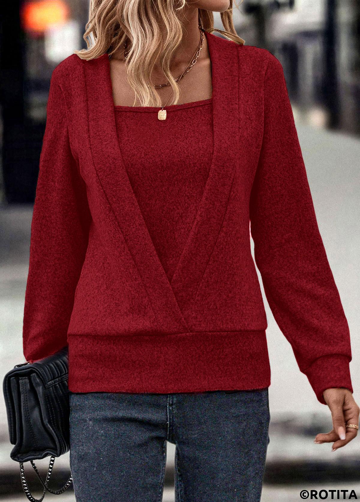 Wine Red tops,Plain Color tops,ROTITA Fake 2in1 Wine Red Square Neck Sweatshirt