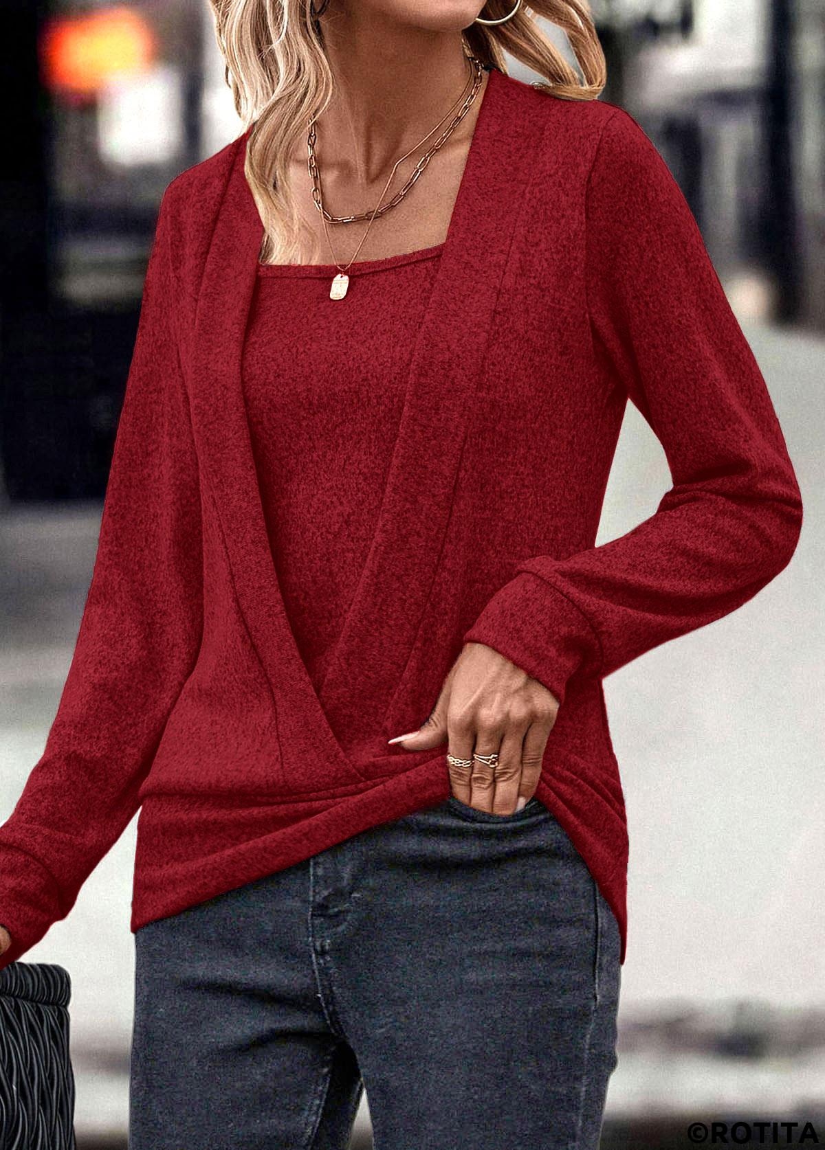 Wine Red tops,Plain Color tops,ROTITA Fake 2in1 Wine Red Square Neck Sweatshirt