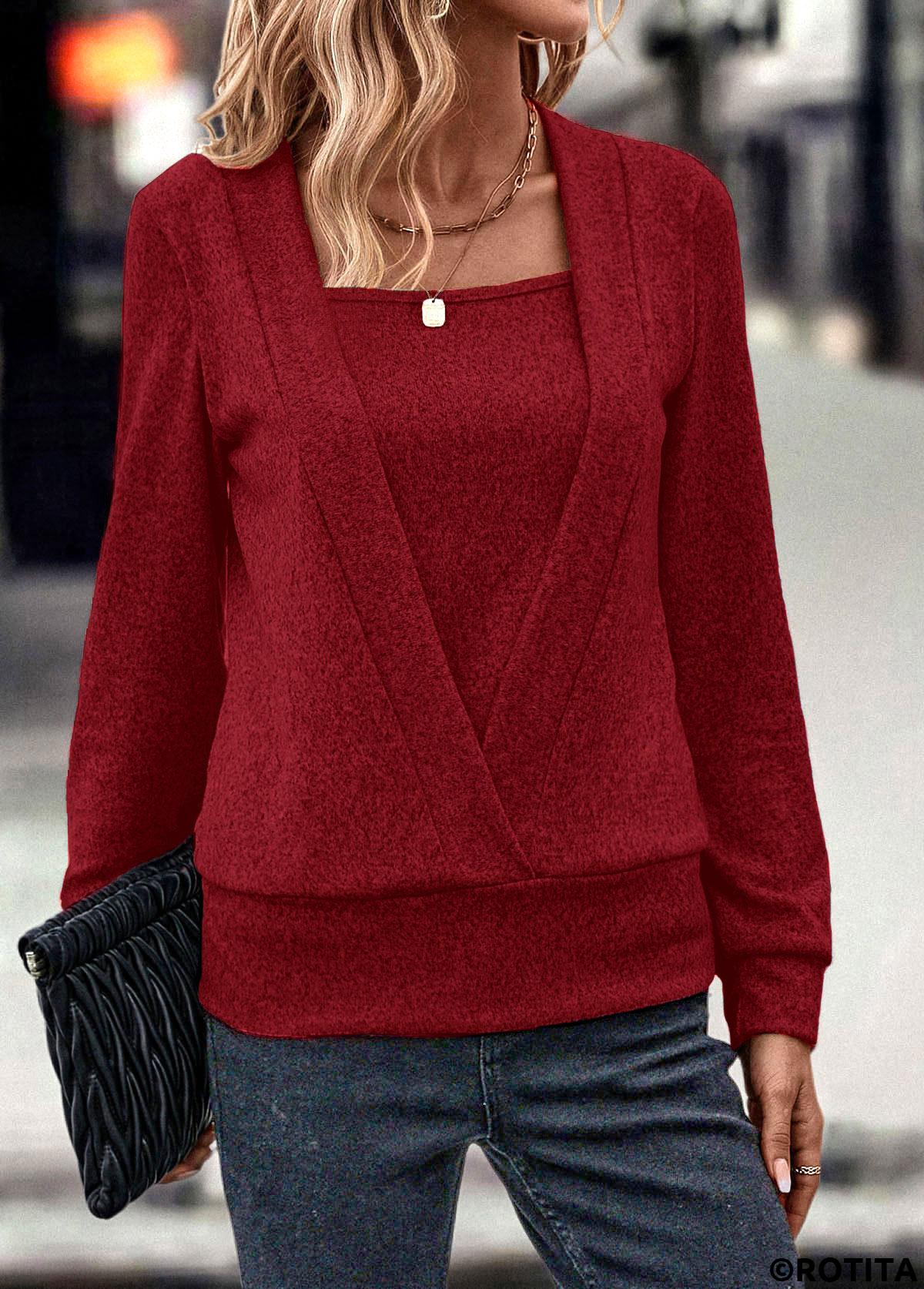 Wine Red tops,Plain Color tops,ROTITA Fake 2in1 Wine Red Square Neck Sweatshirt