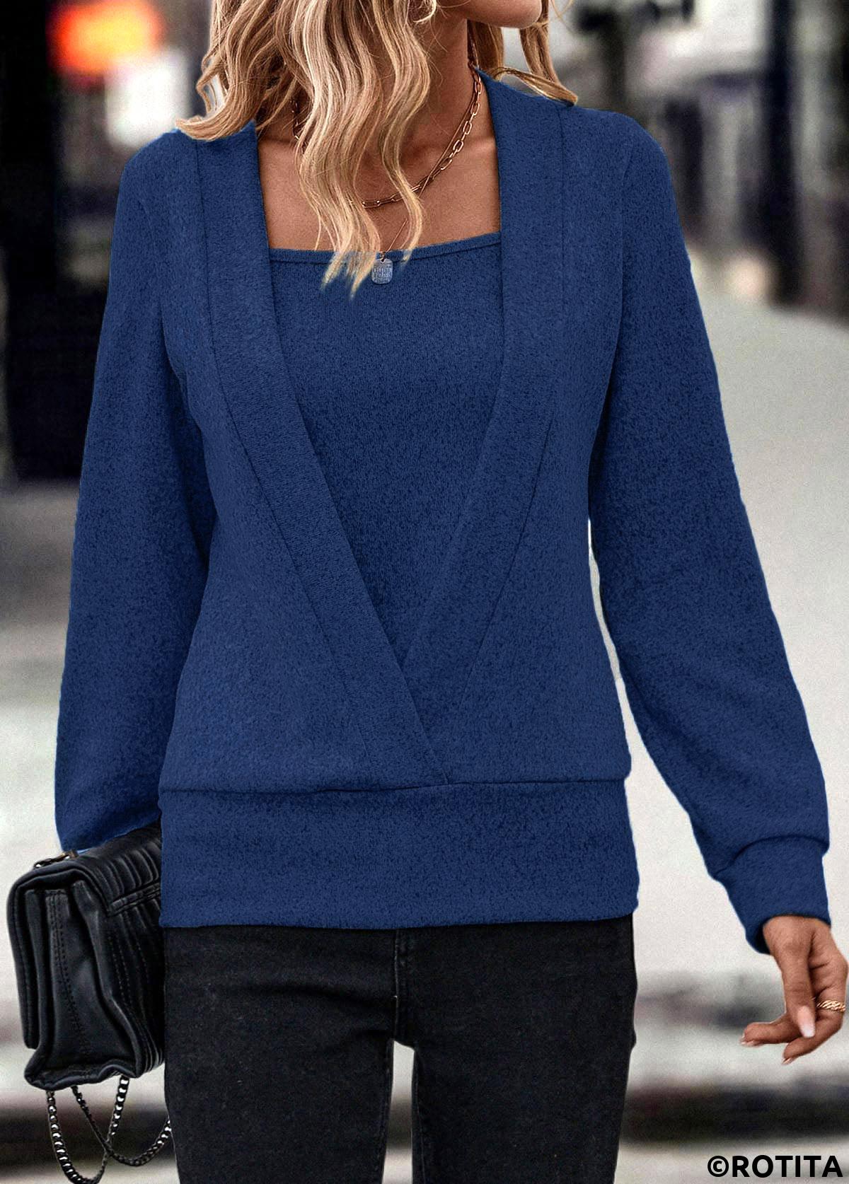 Dark Blue tops,Plain Color tops,ROTITA Fake 2in1 Dark Blue Square Neck Sweatshirt