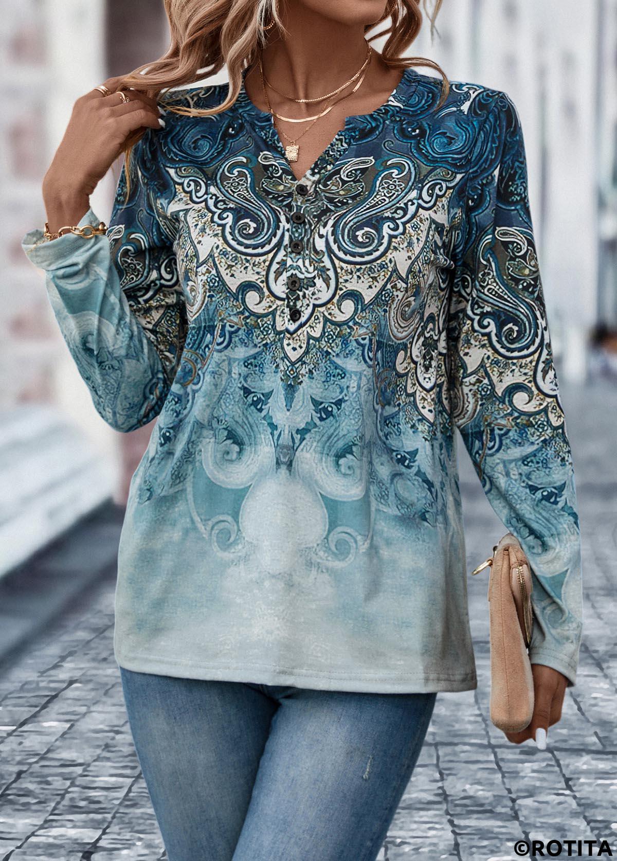 Dusty Blue tops,Tribal tops,ROTITA Button Tribal Print Dusty Blue T Shirt