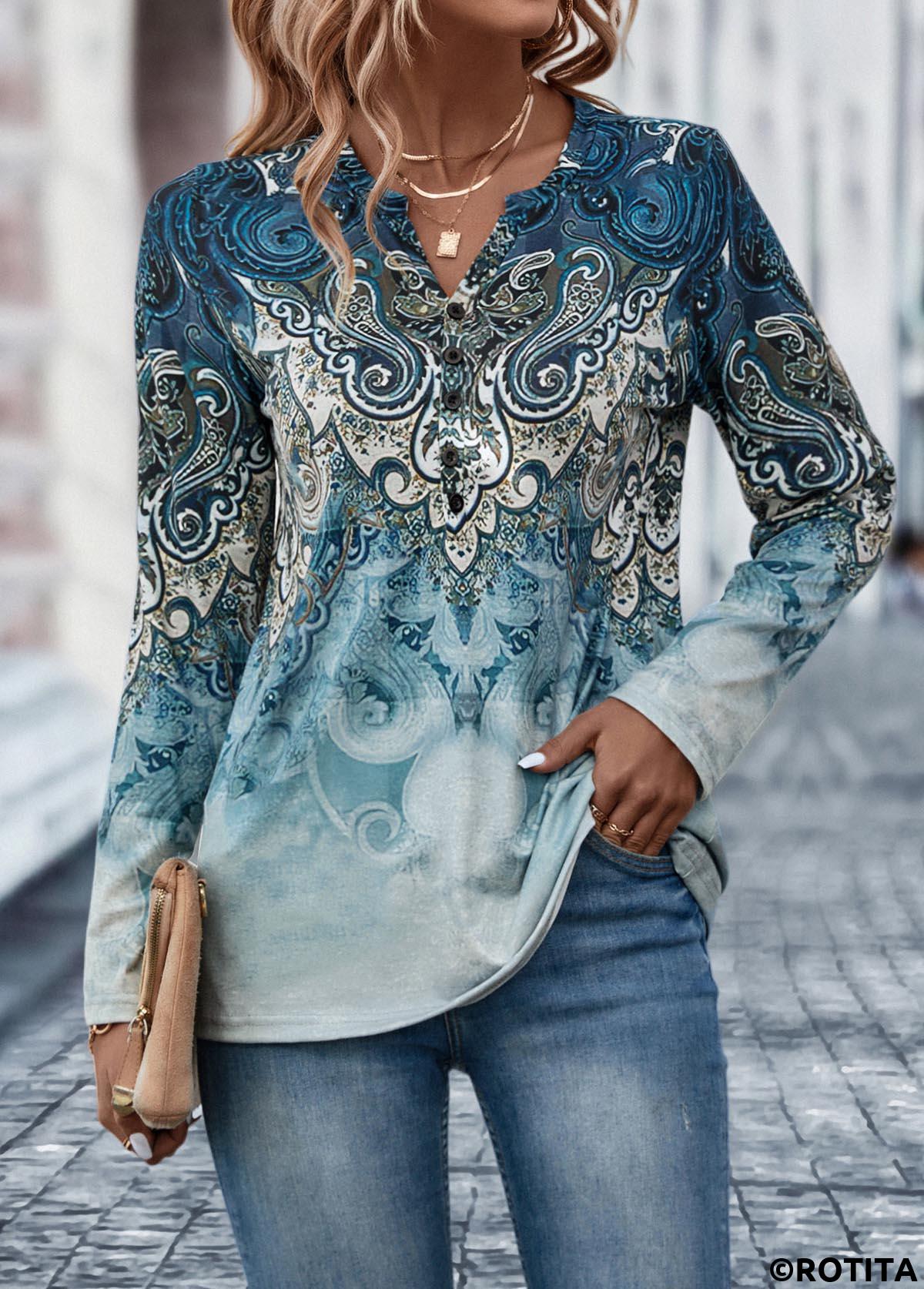 Dusty Blue tops,Tribal tops,ROTITA Button Tribal Print Dusty Blue T Shirt