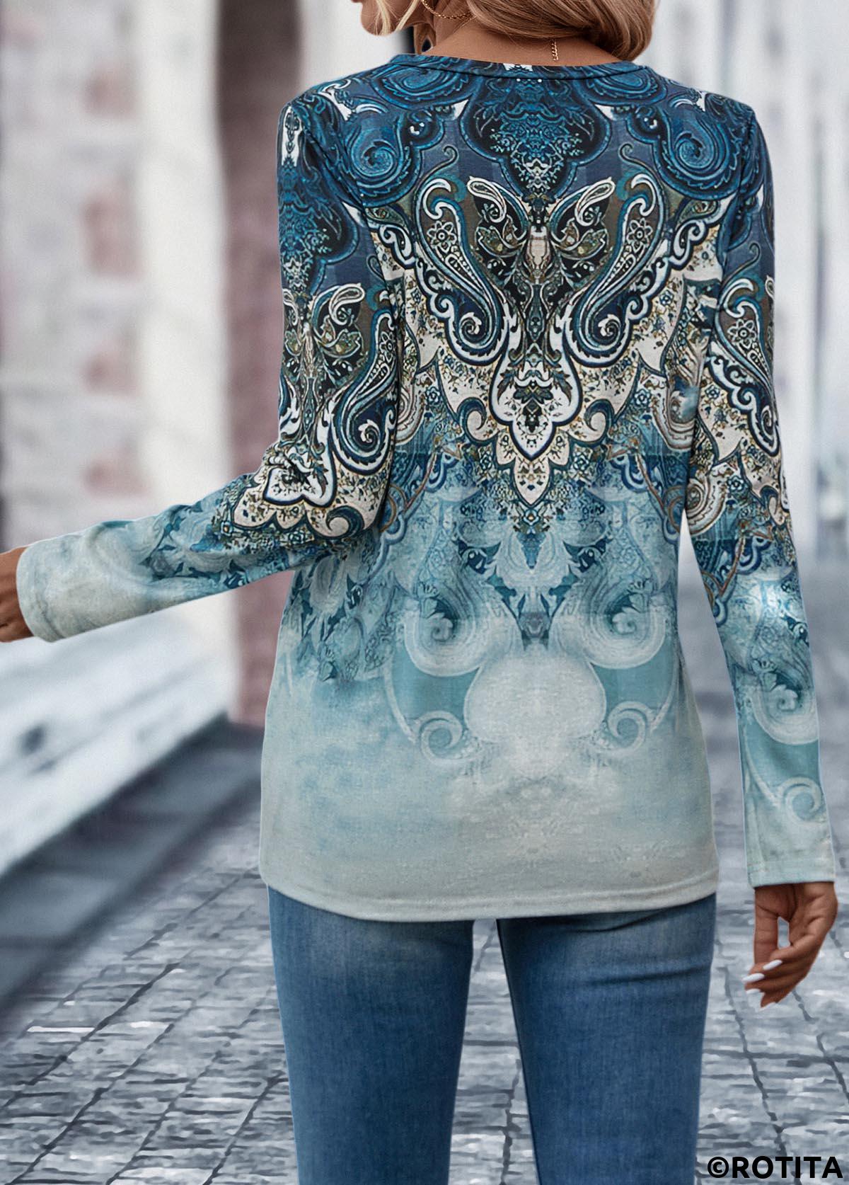 Dusty Blue tops,Tribal tops,ROTITA Button Tribal Print Dusty Blue T Shirt