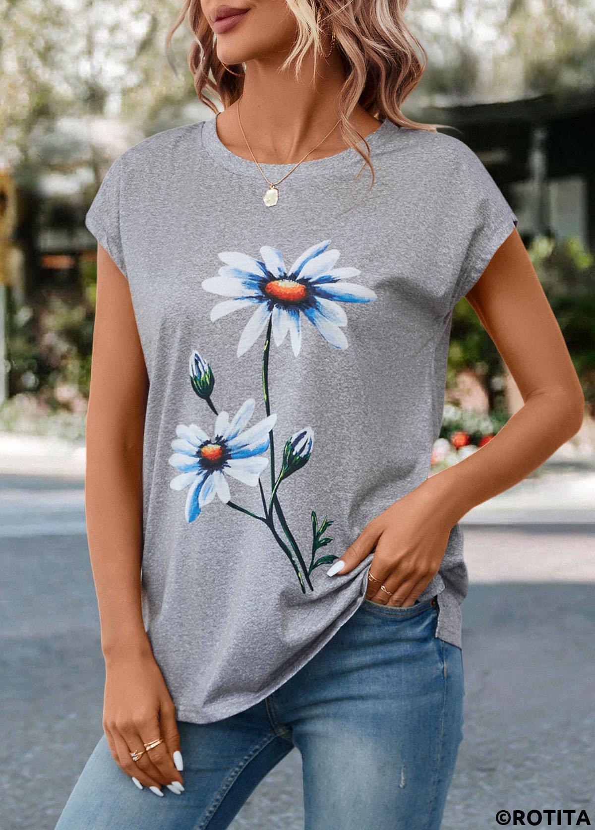 Light Grey Marl tops,Floral tops,Plants tops,ROTITA Floral Print Light Grey Marl T Shirt
