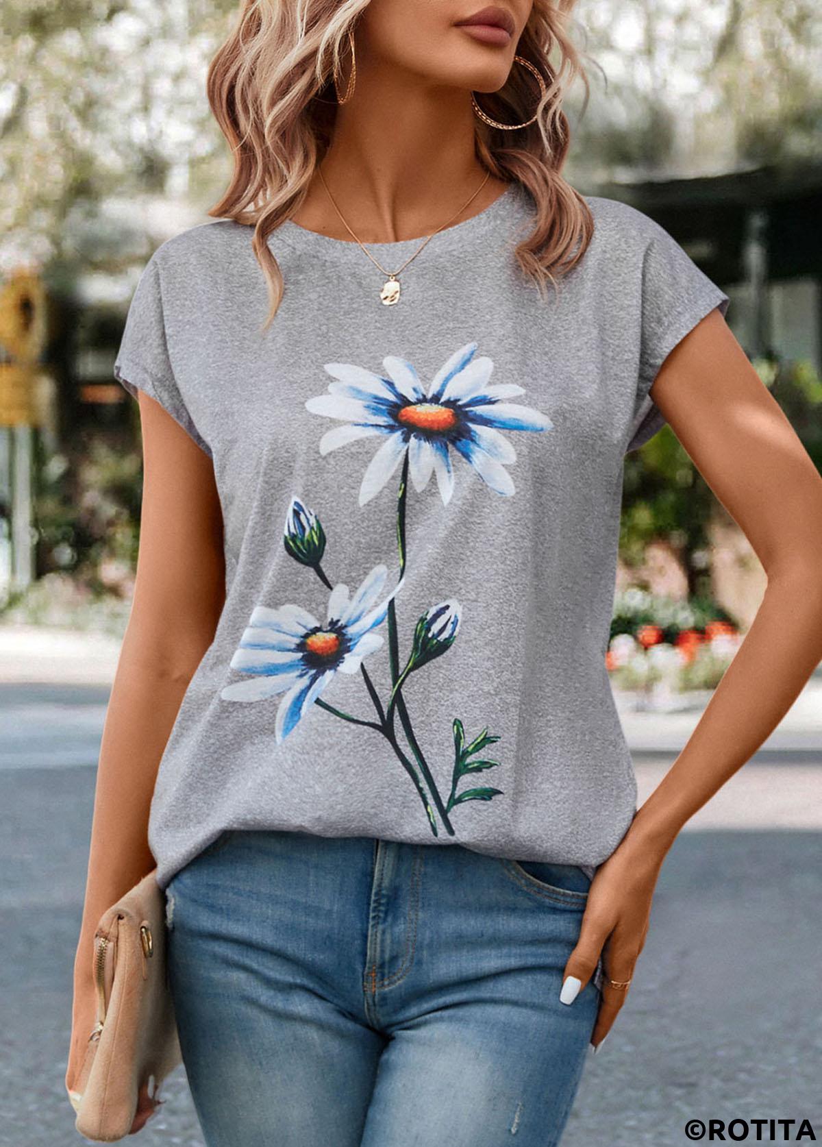 Light Grey Marl tops,Floral tops,Plants tops,ROTITA Floral Print Light Grey Marl T Shirt