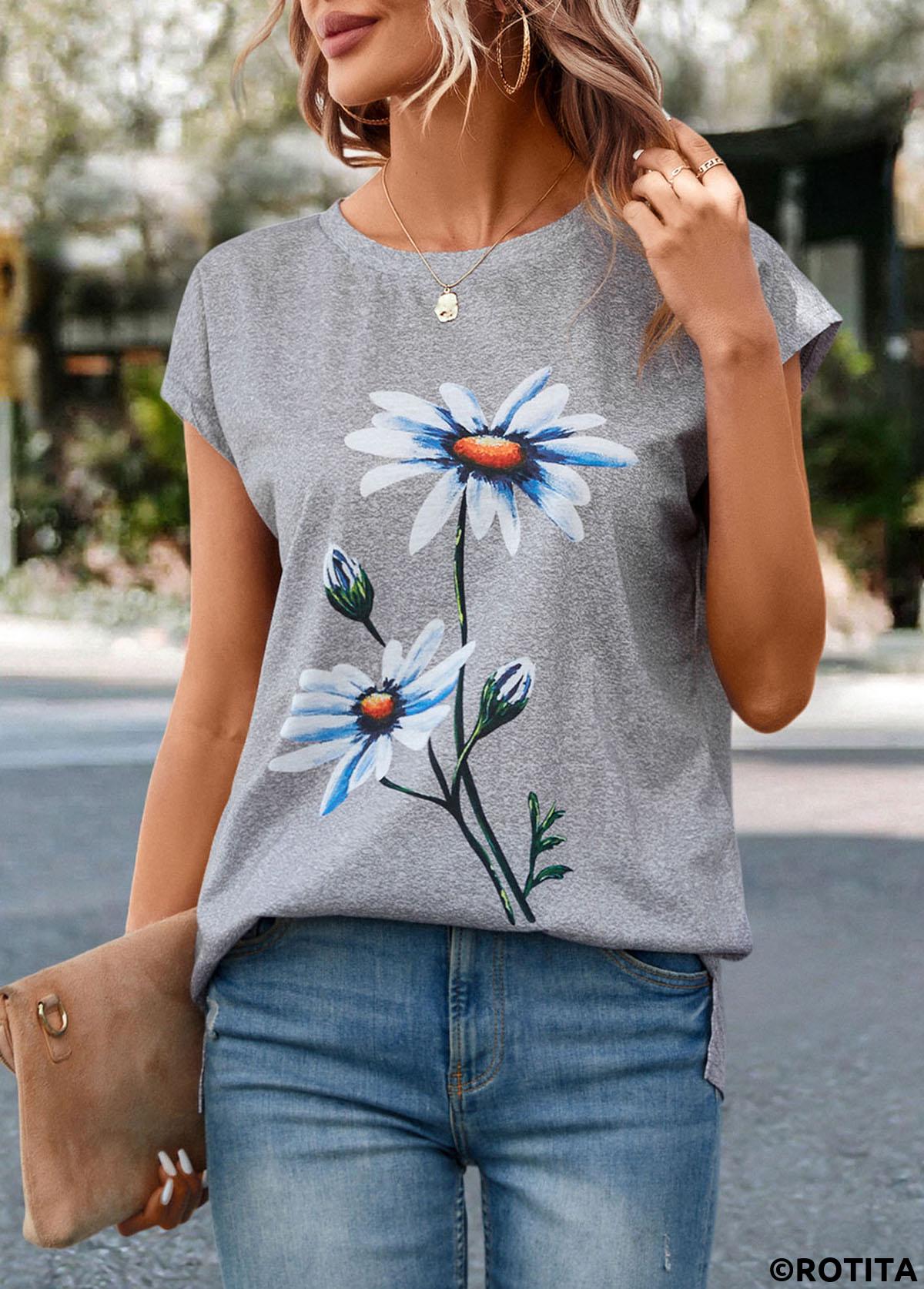 Light Grey Marl tops,Floral tops,Plants tops,ROTITA Floral Print Light Grey Marl T Shirt