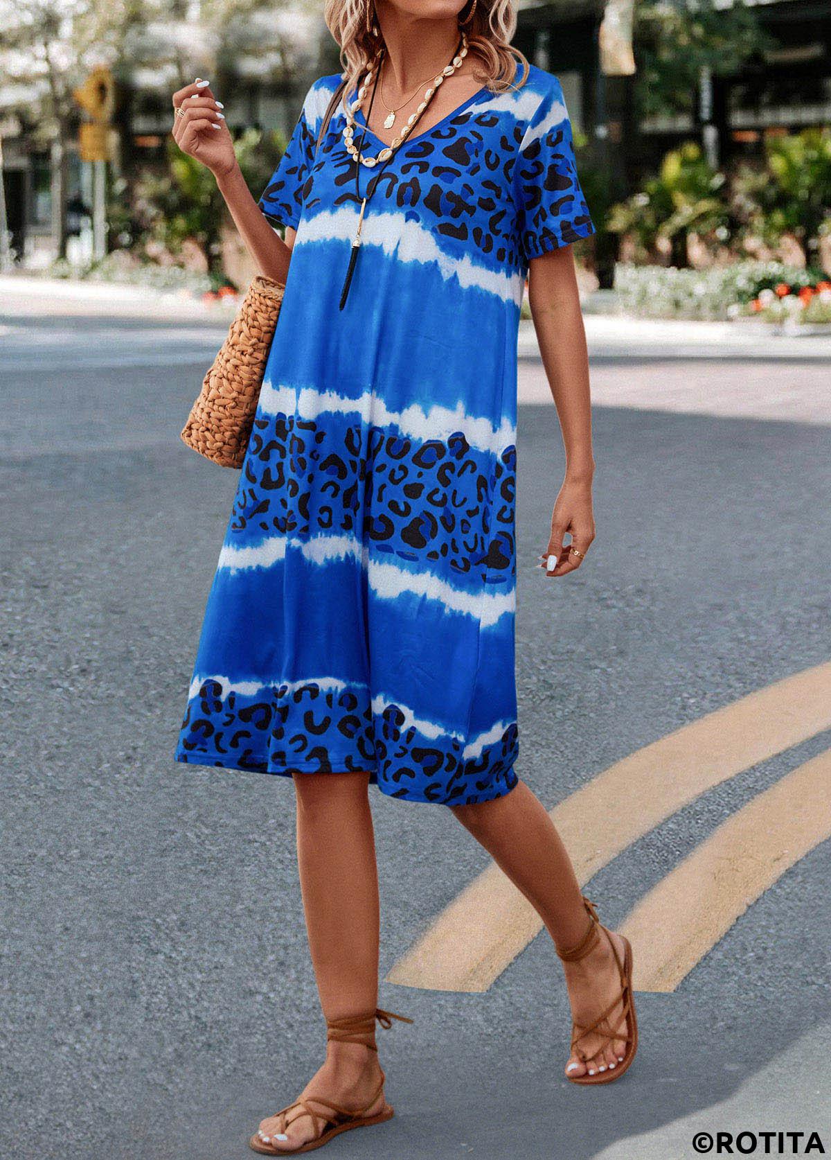 Blue dresses,Leopard dresses,Ombre dresses,Everyday dresses,Casual dresses,Leopard Blue H Shape V Neck Dress