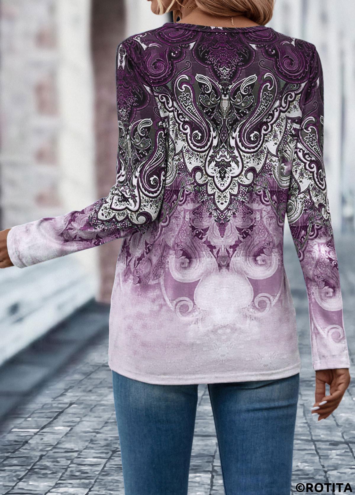 T-shirt violet clair à imprimé tribal avec boutons