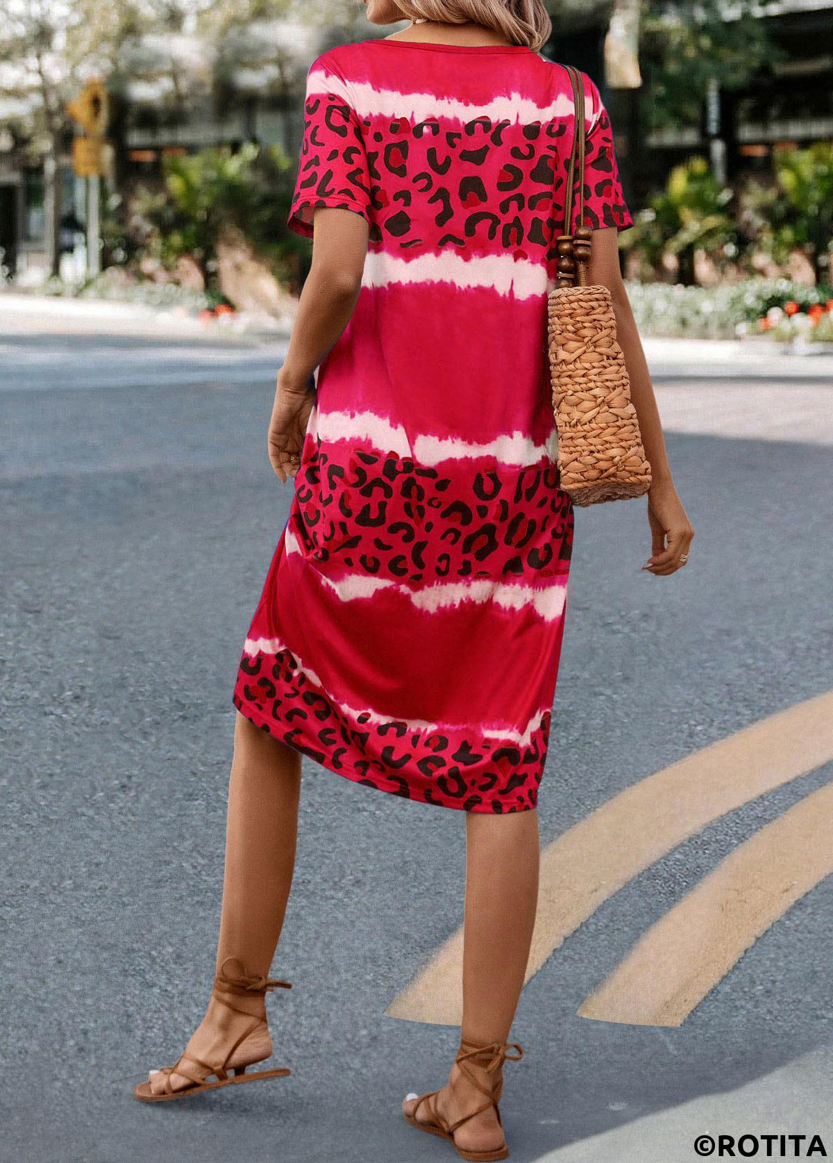 Hot Pink dresses,Leopard dresses,Animal Print dresses,Everyday dresses,Casual dresses,Leopard Hot Pink V Neck Dress