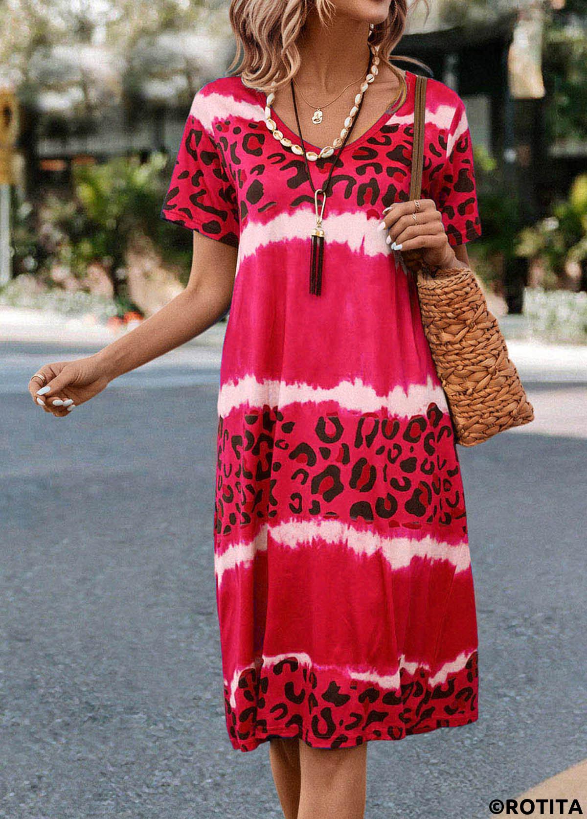 Hot Pink dresses,Leopard dresses,Animal Print dresses,Everyday dresses,Casual dresses,Leopard Hot Pink V Neck Dress