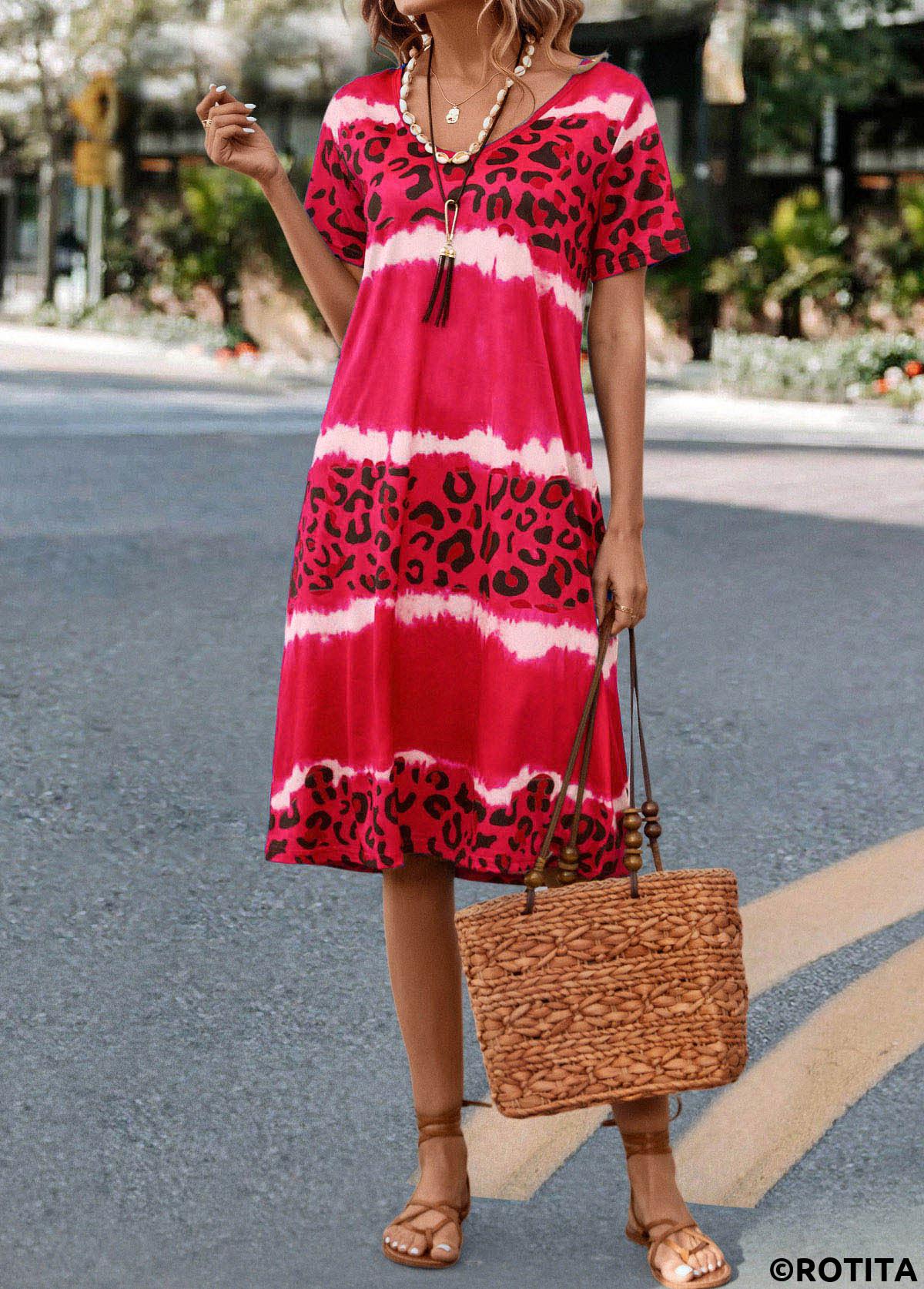 Hot Pink dresses,Leopard dresses,Animal Print dresses,Everyday dresses,Casual dresses,Leopard Hot Pink V Neck Dress