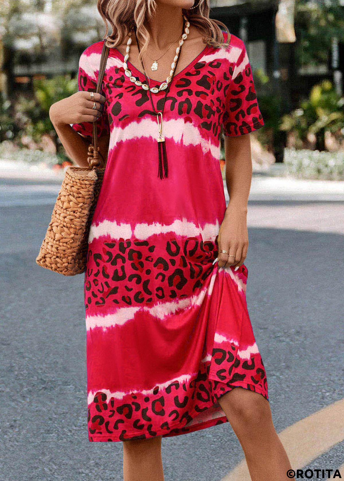 Hot Pink dresses,Leopard dresses,Animal Print dresses,Everyday dresses,Casual dresses,ROTITA Leopard Hot Pink V Neck Dress