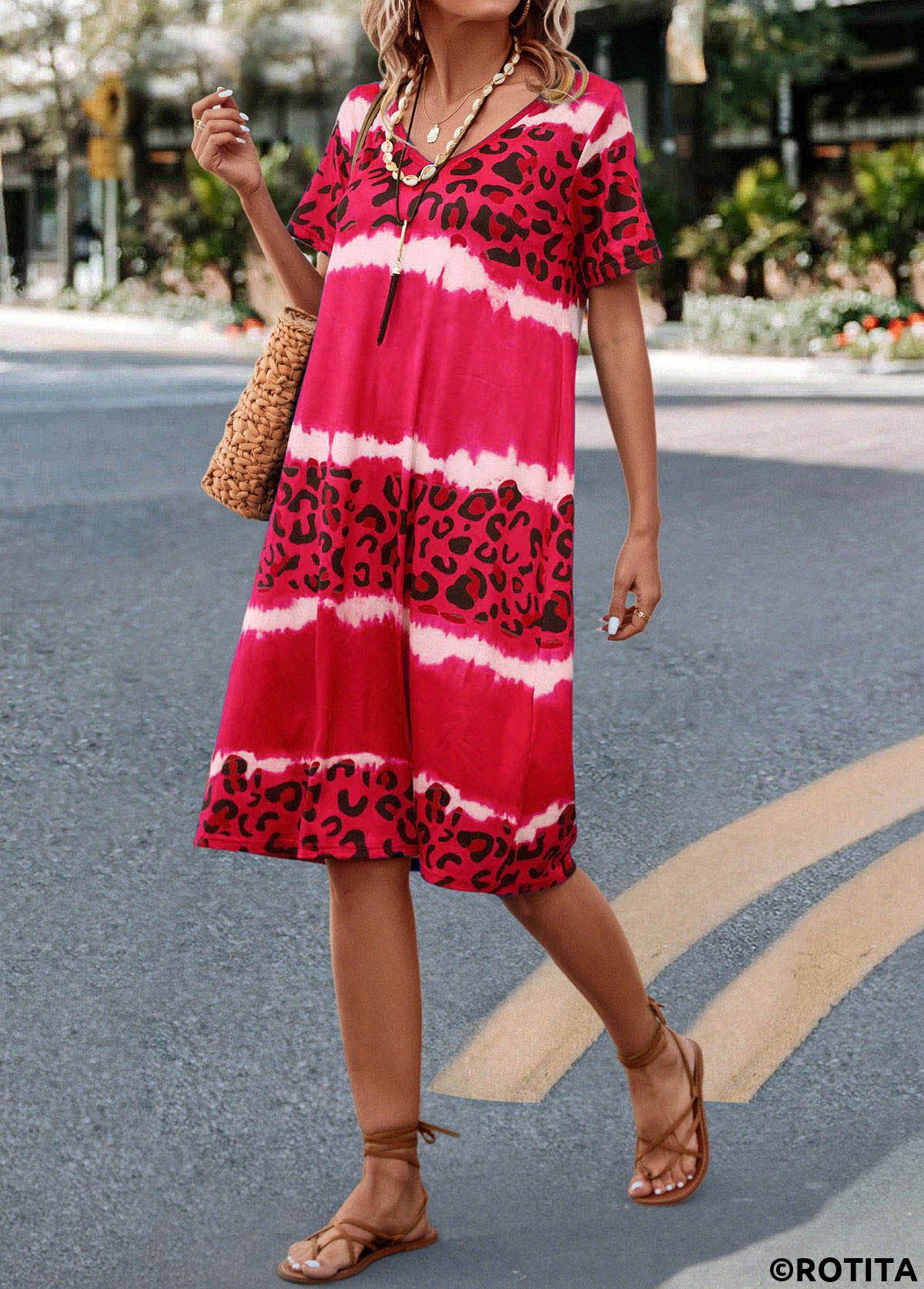 Hot Pink dresses,Leopard dresses,Animal Print dresses,Everyday dresses,Casual dresses,ROTITA Leopard Hot Pink V Neck Dress