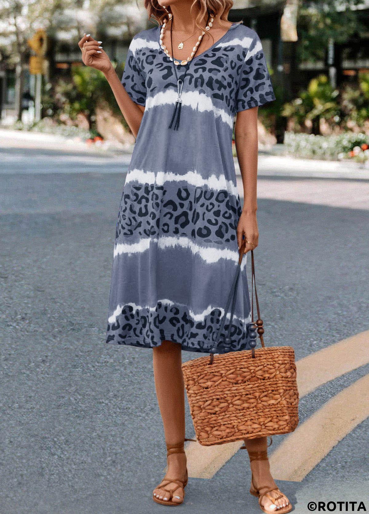 Grey dresses,Leopard dresses,Striped dresses,Everyday dresses,Casual dresses,Leopard Grey H Shape V Neck Dress