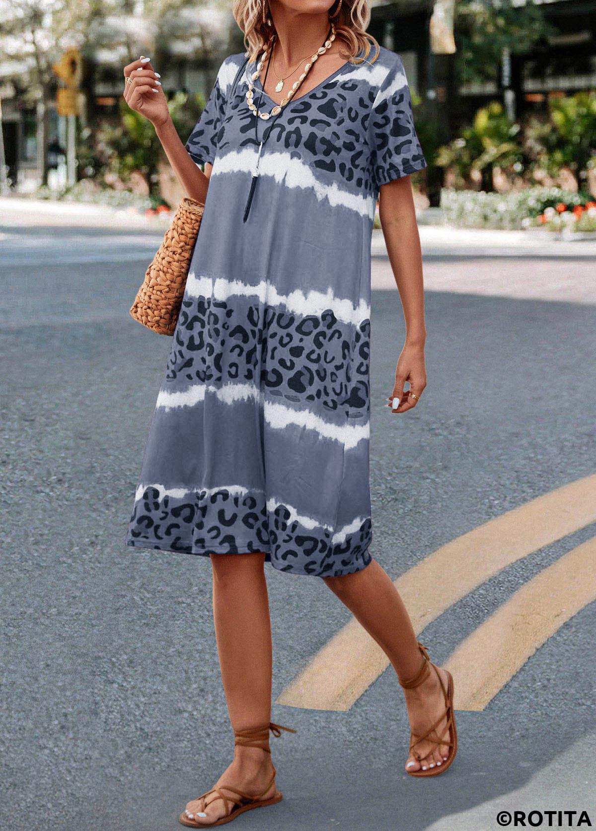 Grey dresses,Leopard dresses,Striped dresses,Everyday dresses,Casual dresses,Leopard Grey H Shape V Neck Dress