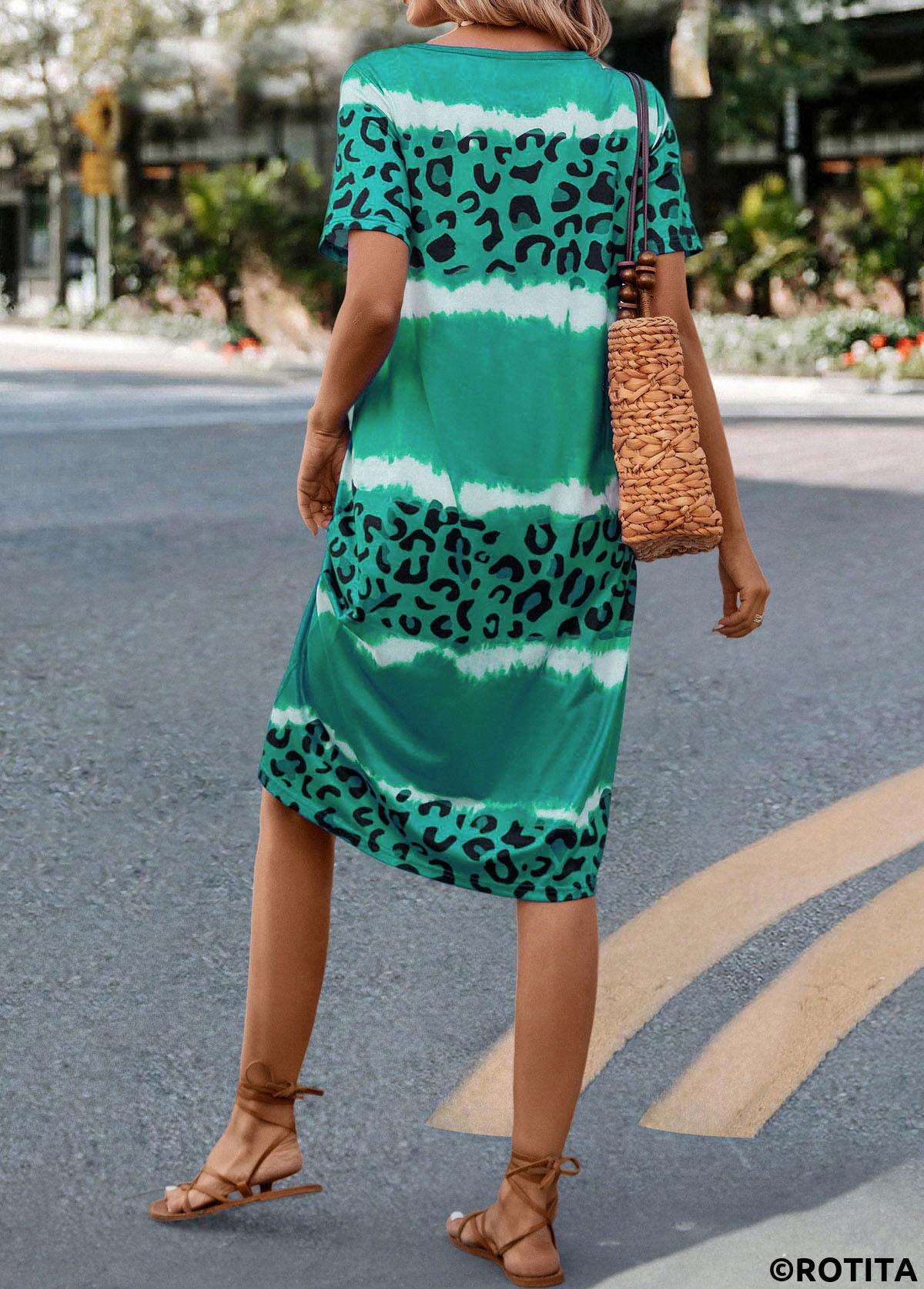 Green dresses,Leopard dresses,Everyday dresses,Casual dresses,Leopard Green H Shape V Neck Dress