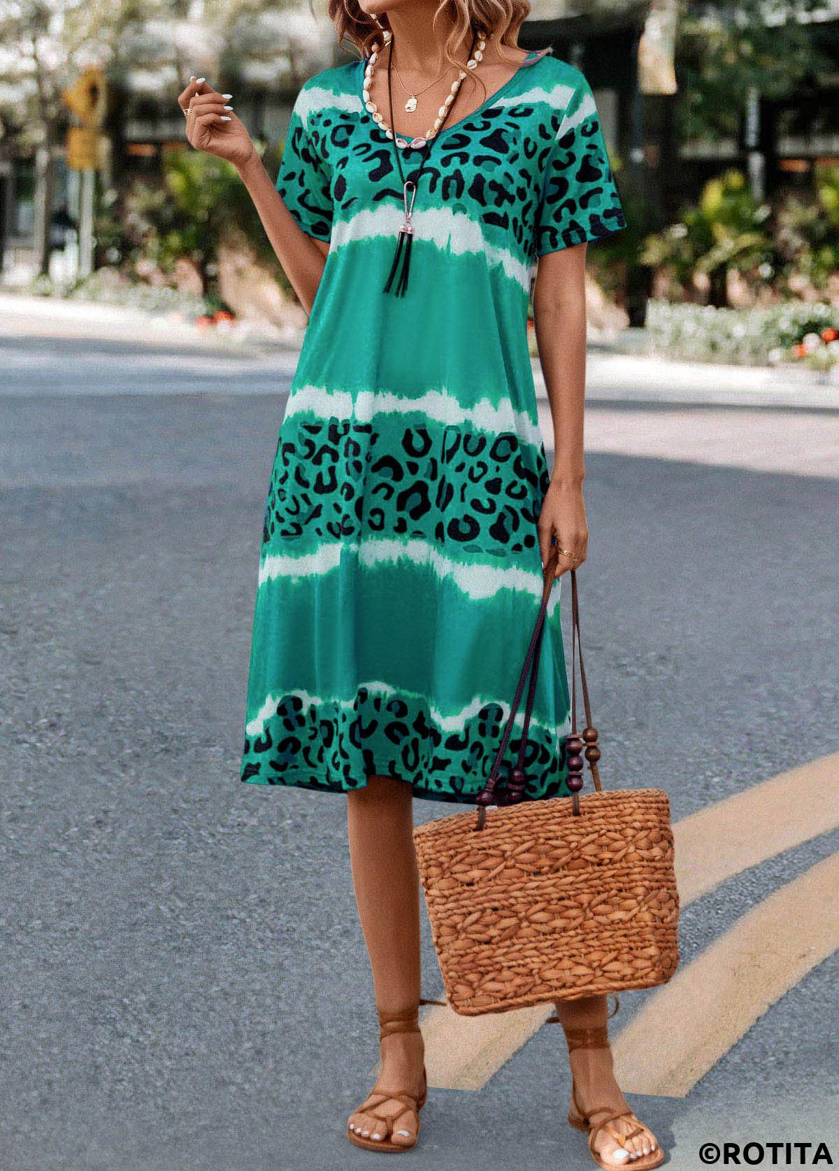 Green dresses,Leopard dresses,Everyday dresses,Casual dresses,Leopard Green H Shape V Neck Dress