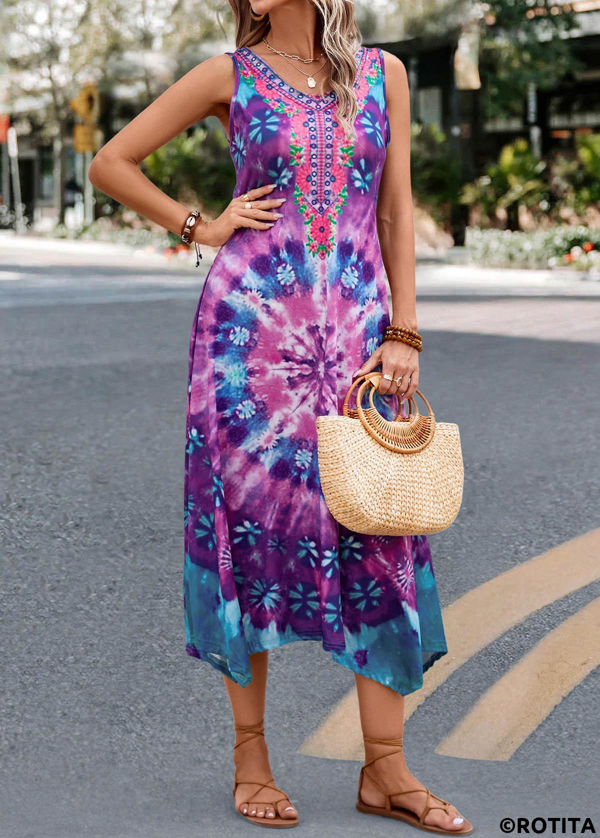 Purple dresses,Tie Dye dresses,Dot dresses,Geometric dresses,Floral dresses,Vacation dresses,Vacation dresses,Handkerchief Hem Tie Dye Print Purple Dress