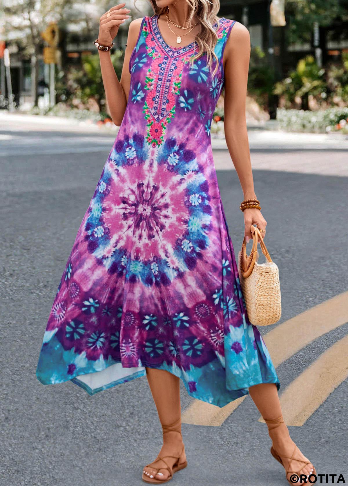Purple dresses,Tie Dye dresses,Dot dresses,Geometric dresses,Floral dresses,Vacation dresses,Vacation dresses,ROTITA Handkerchief Hem Tie Dye Print Purple Dress