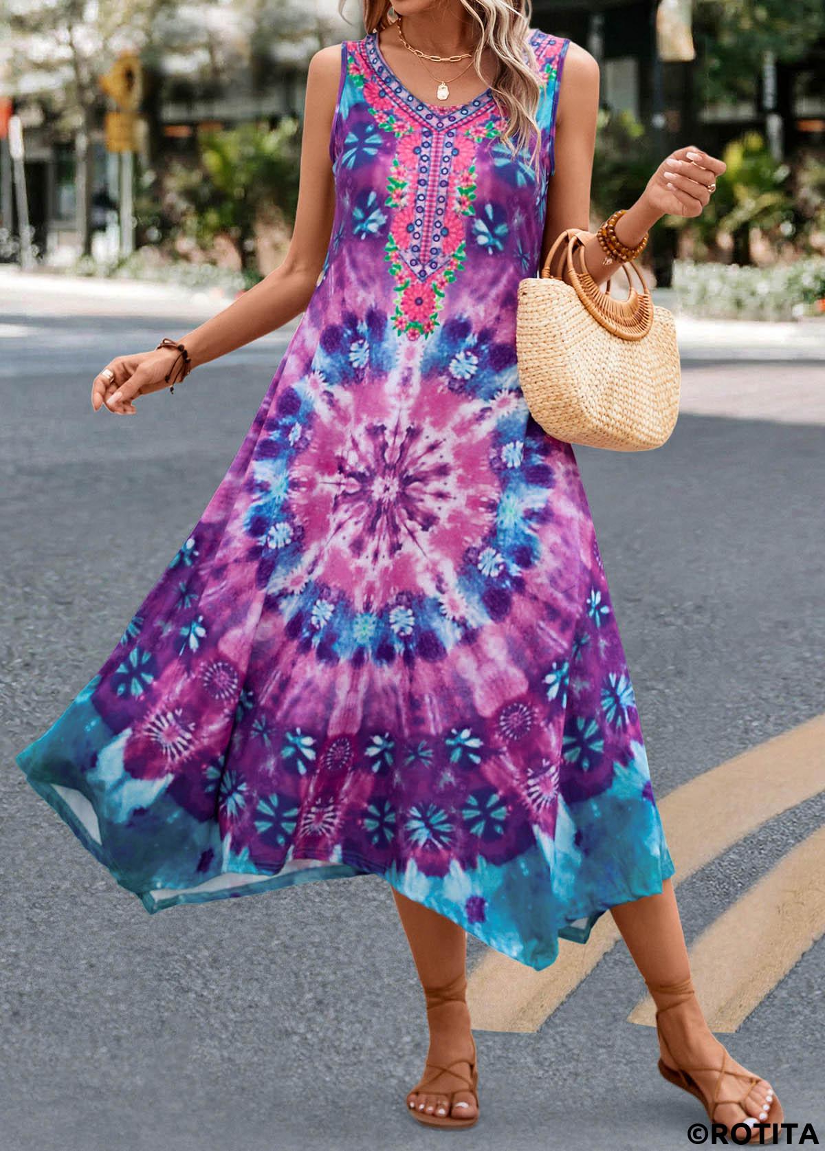 Purple dresses,Tie Dye dresses,Dot dresses,Geometric dresses,Floral dresses,Vacation dresses,Vacation dresses,ROTITA Handkerchief Hem Tie Dye Print Purple Dress