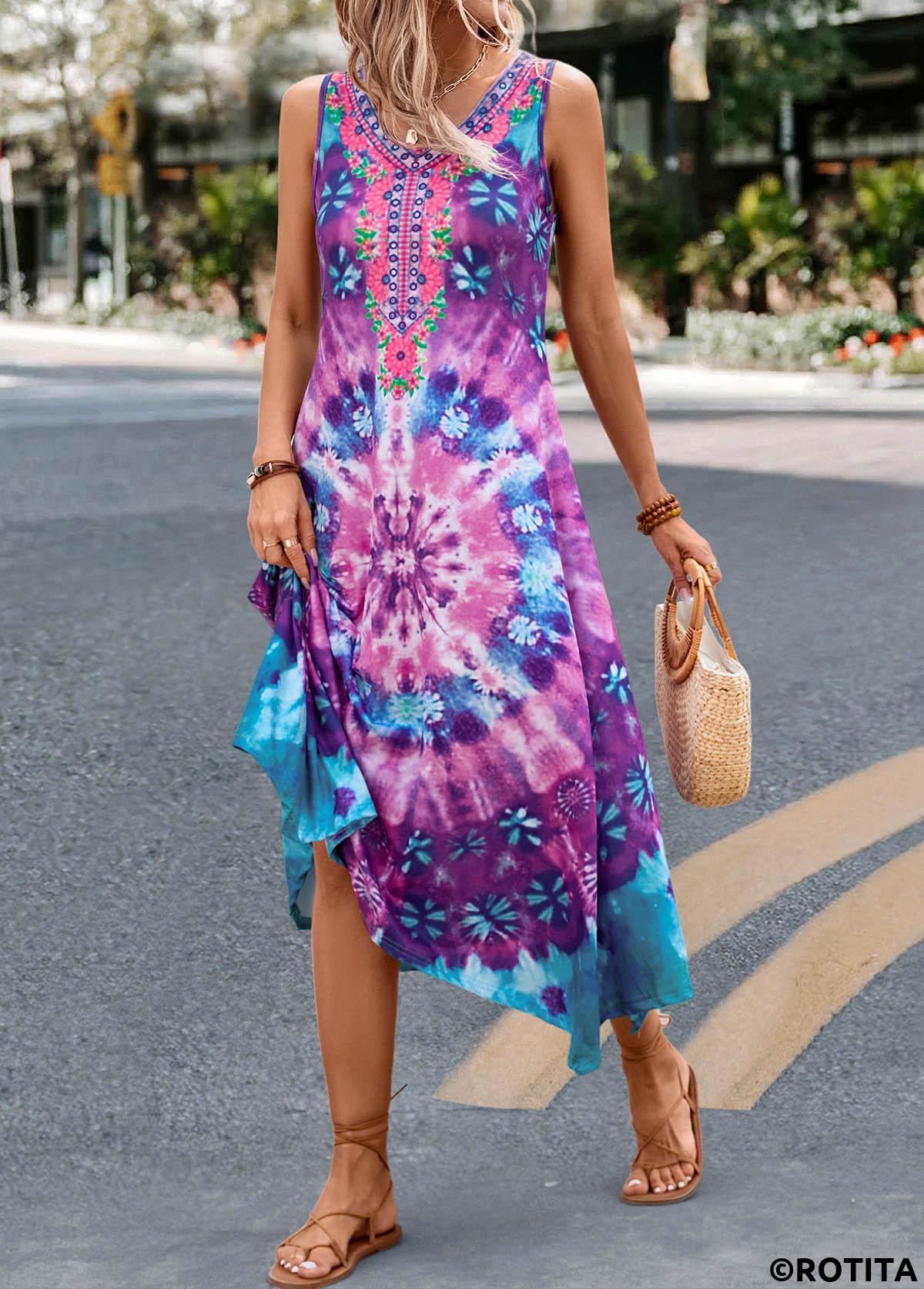 Purple dresses,Tie Dye dresses,Dot dresses,Geometric dresses,Floral dresses,Vacation dresses,Vacation dresses,ROTITA Handkerchief Hem Tie Dye Print Purple Dress