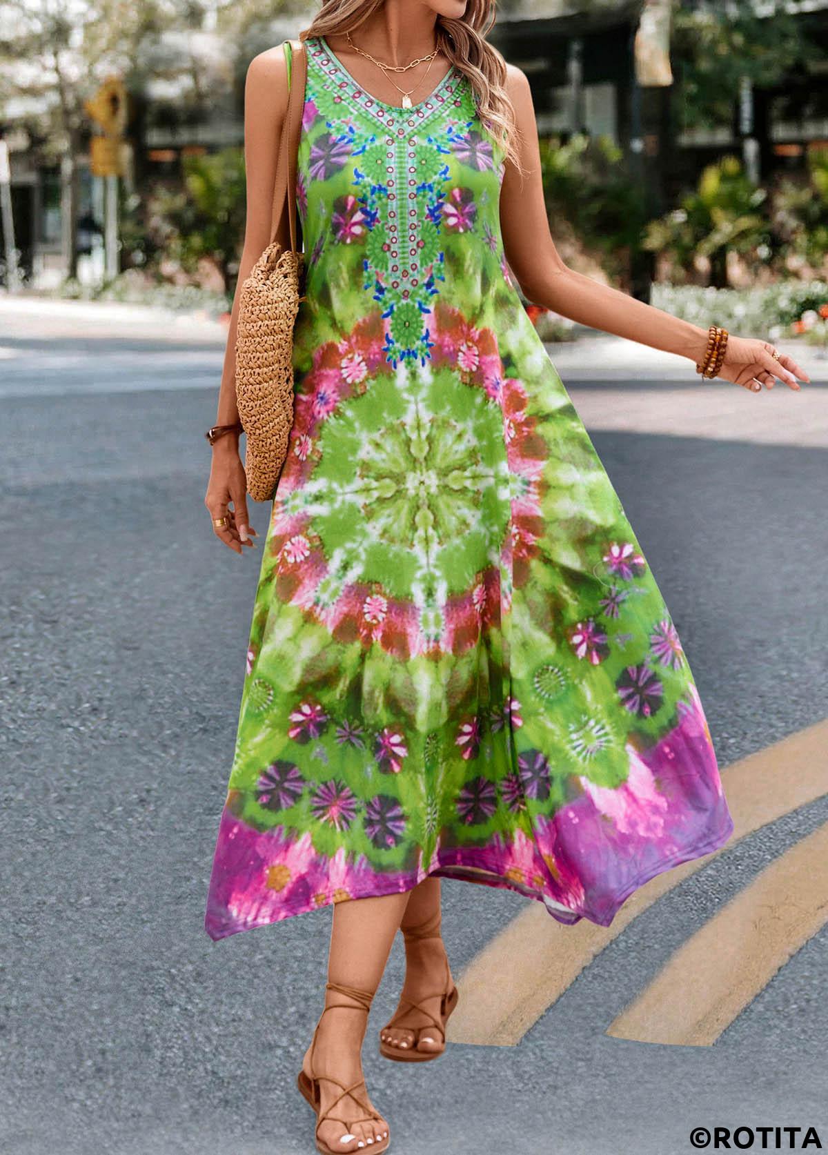 Green dresses,Tie Dye dresses,Dot dresses,Floral dresses,Vacation dresses,Vacation dresses,Handkerchief Hem Tie Dye Print Green Dress