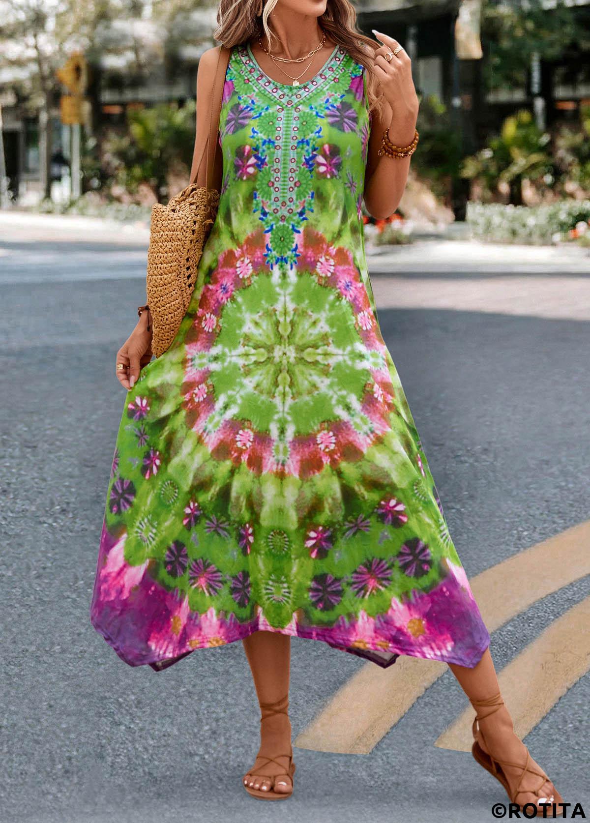 Green dresses,Tie Dye dresses,Dot dresses,Floral dresses,Vacation dresses,Vacation dresses,Handkerchief Hem Tie Dye Print Green Dress