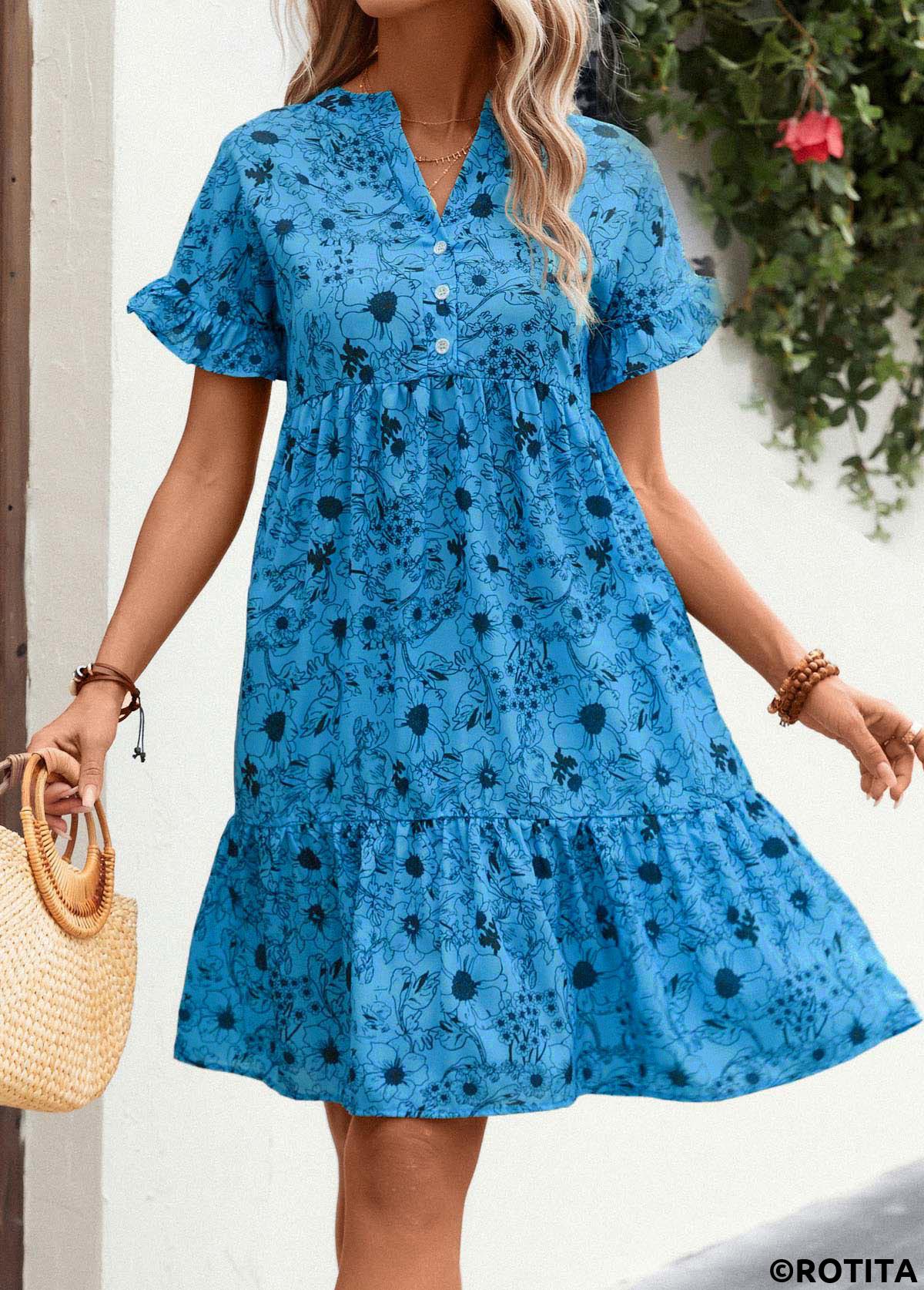 Neon Blue dresses,Floral dresses,Everyday dresses,Casual dresses,Frill Button Detail Floral Print Neon Blue Dress