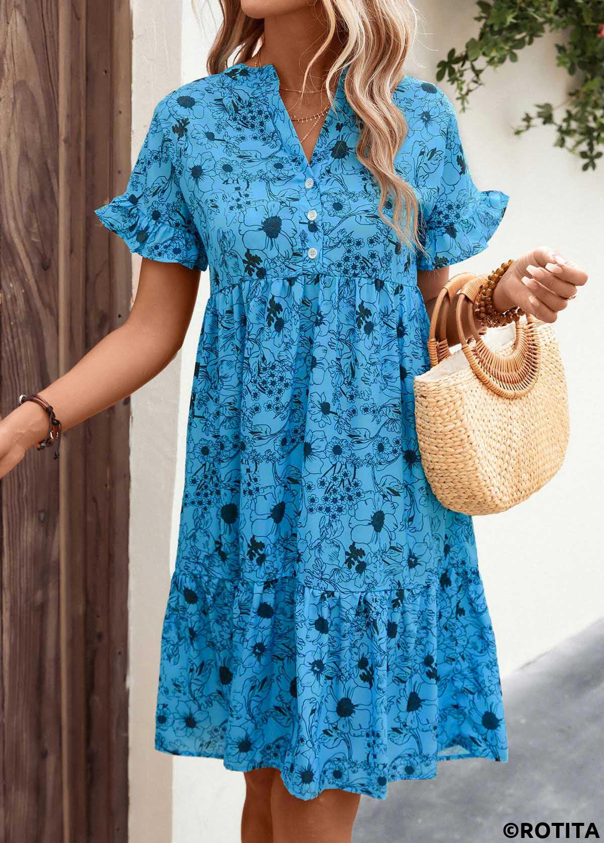 Neon Blue dresses,Floral dresses,Everyday dresses,Casual dresses,Frill Button Detail Floral Print Neon Blue Dress