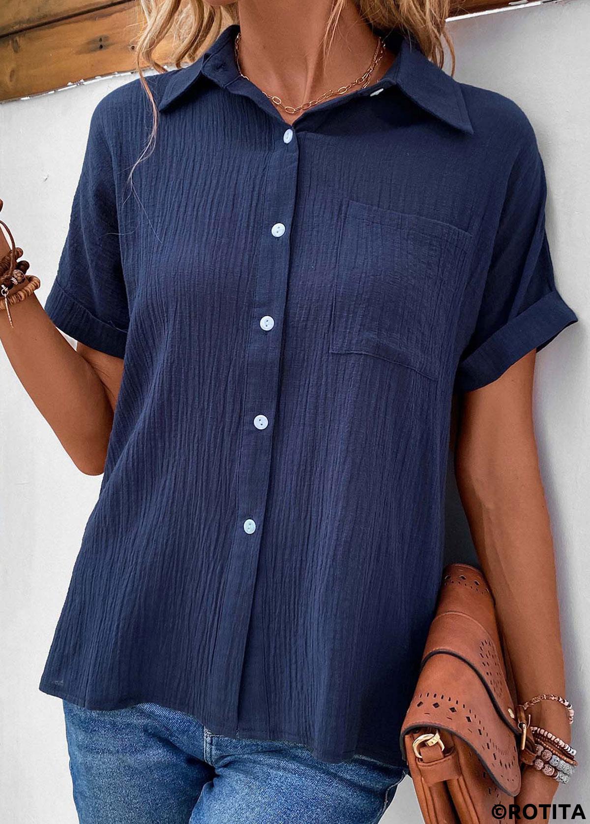 Navy tops,Plain Color tops,ROTITA Pocket Navy Shirt Collar Short Sleeve Blouse