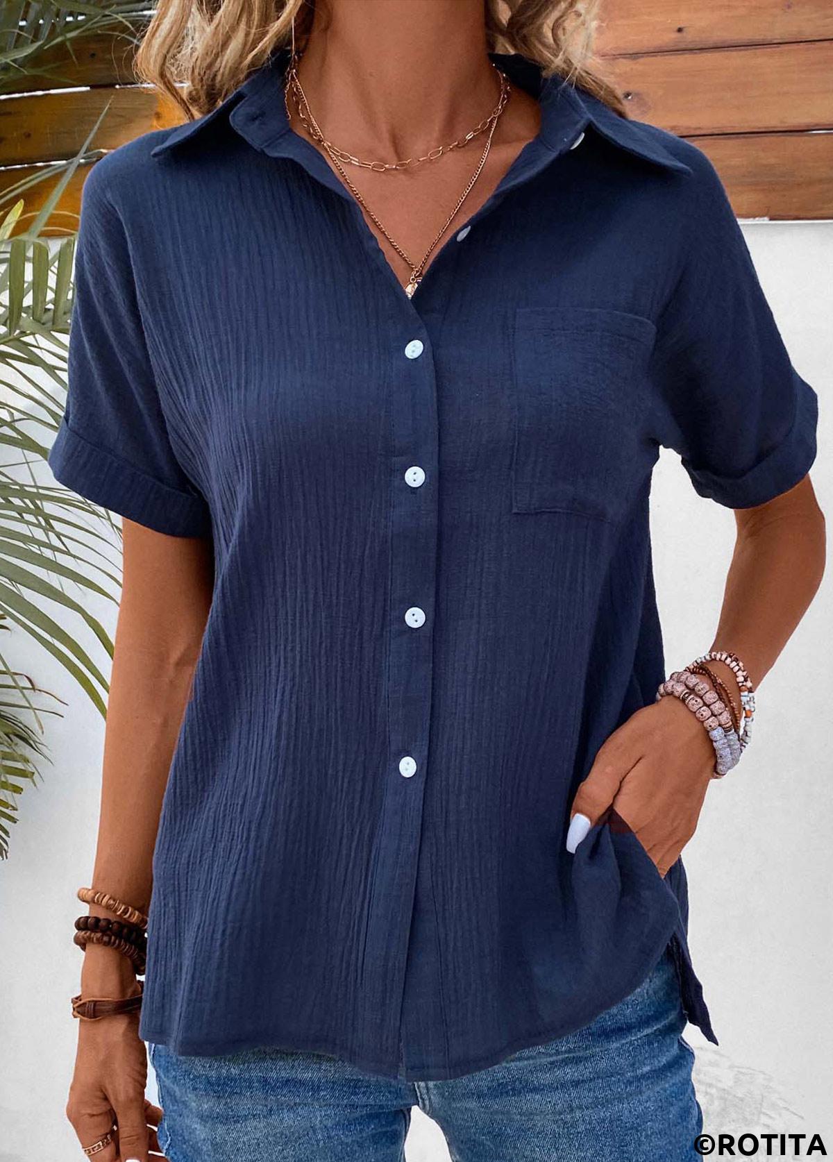 Navy tops,Plain Color tops,ROTITA Pocket Navy Shirt Collar Short Sleeve Blouse